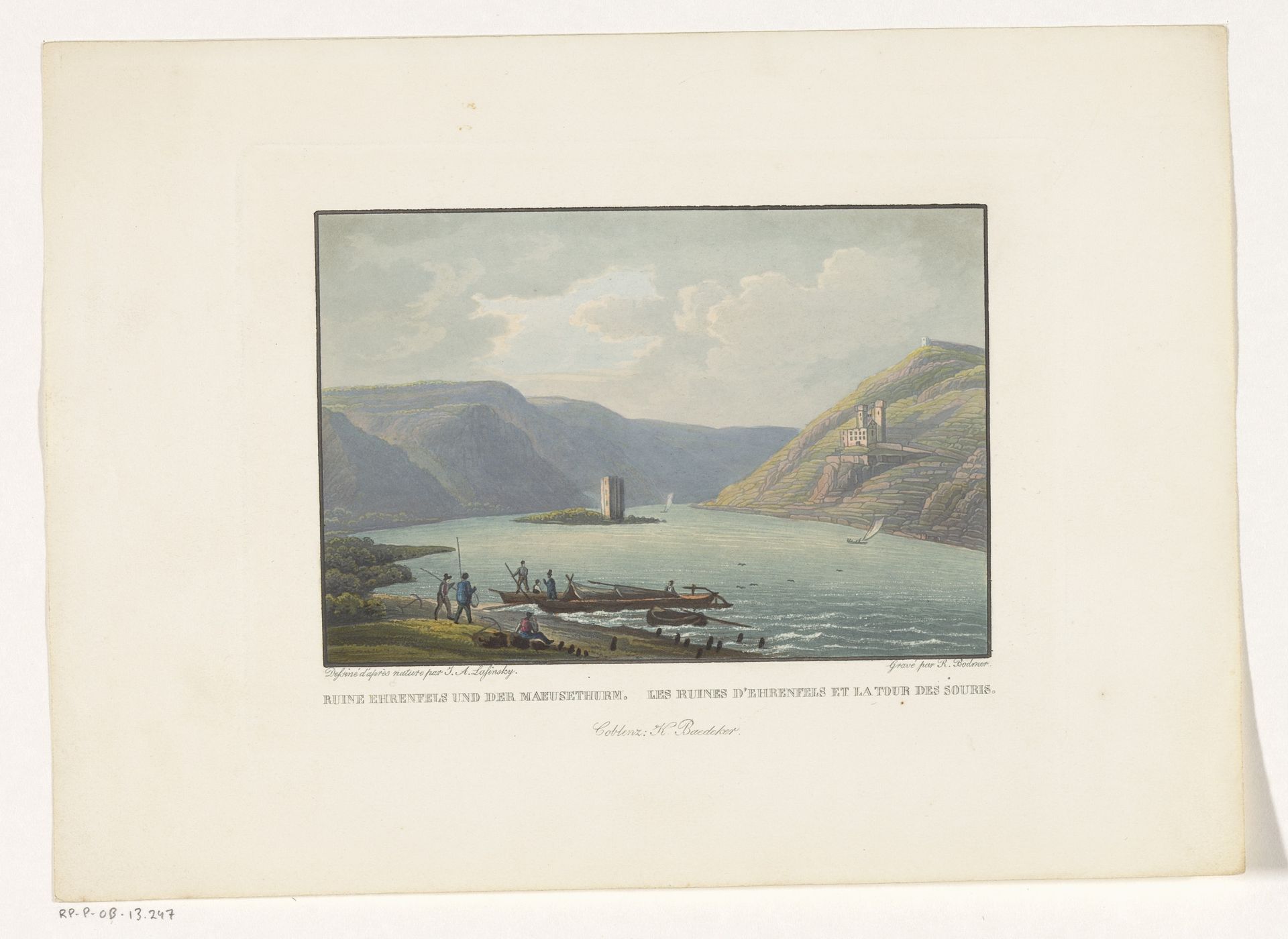 Gezicht op de ruïne van Ehrenfels en de Mäuseturm by Rudolf Bodmer