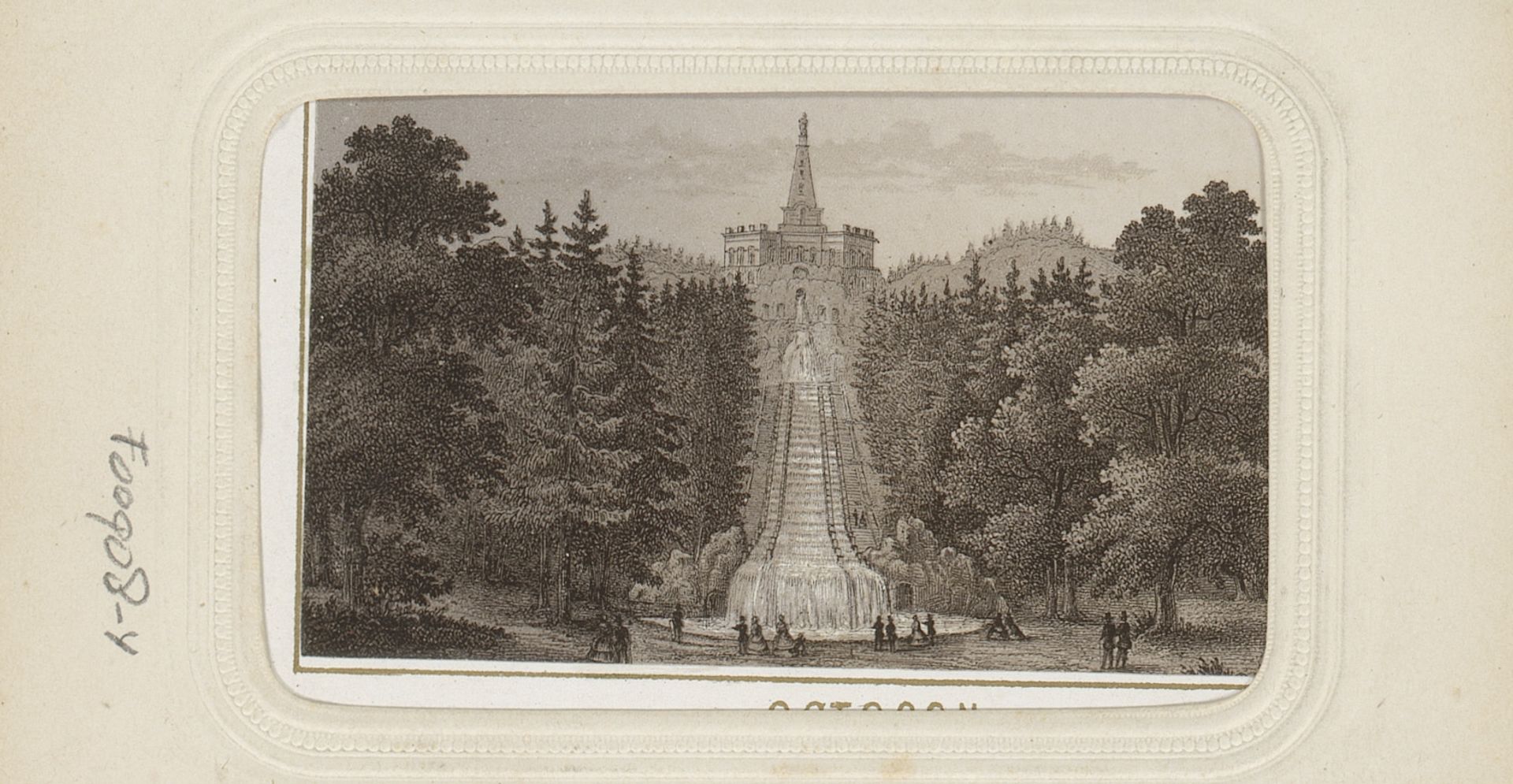 Fotoreproductie van een prent van het Herculesmonument met de grote cascaden bij Schloss Wilhelmshöhe by Jm. v. Ph. Frey