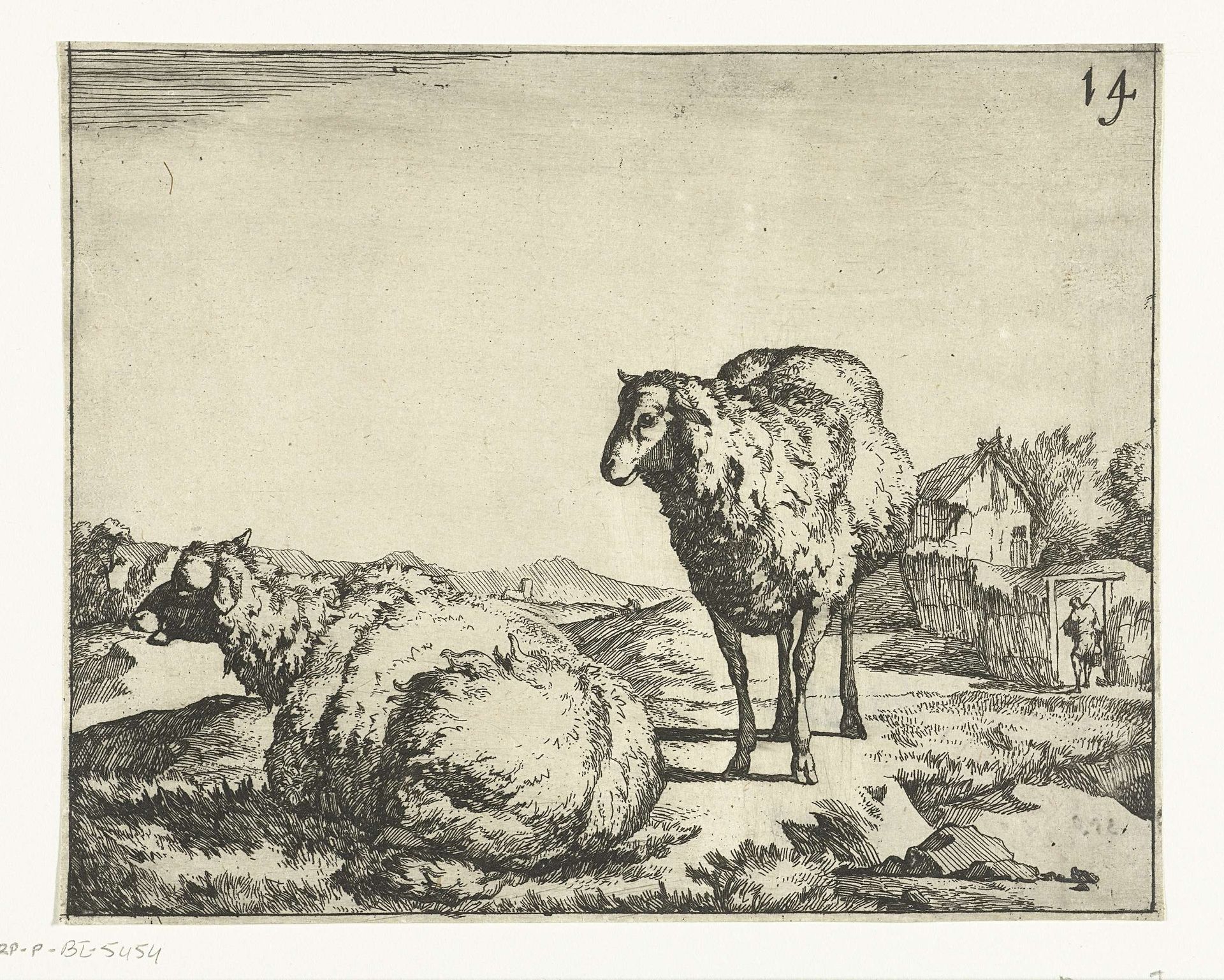Staand en liggend schaap met boerderij op achtergrond by Marcus de Bye