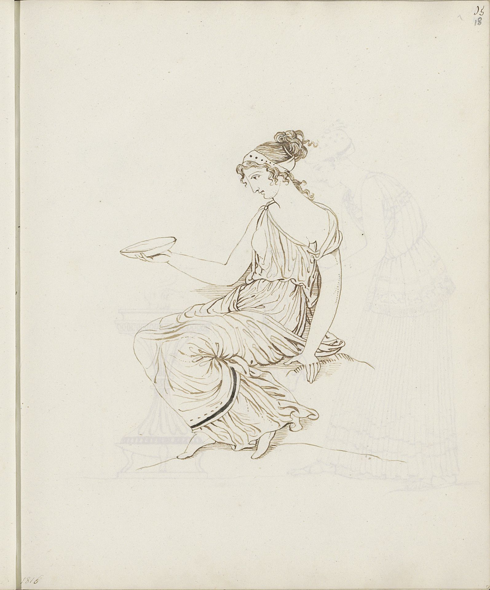 Zittende vrouw met een schaal in de hand, naar klassiek voorbeeld by jonkvrouw Elisabeth Kemper