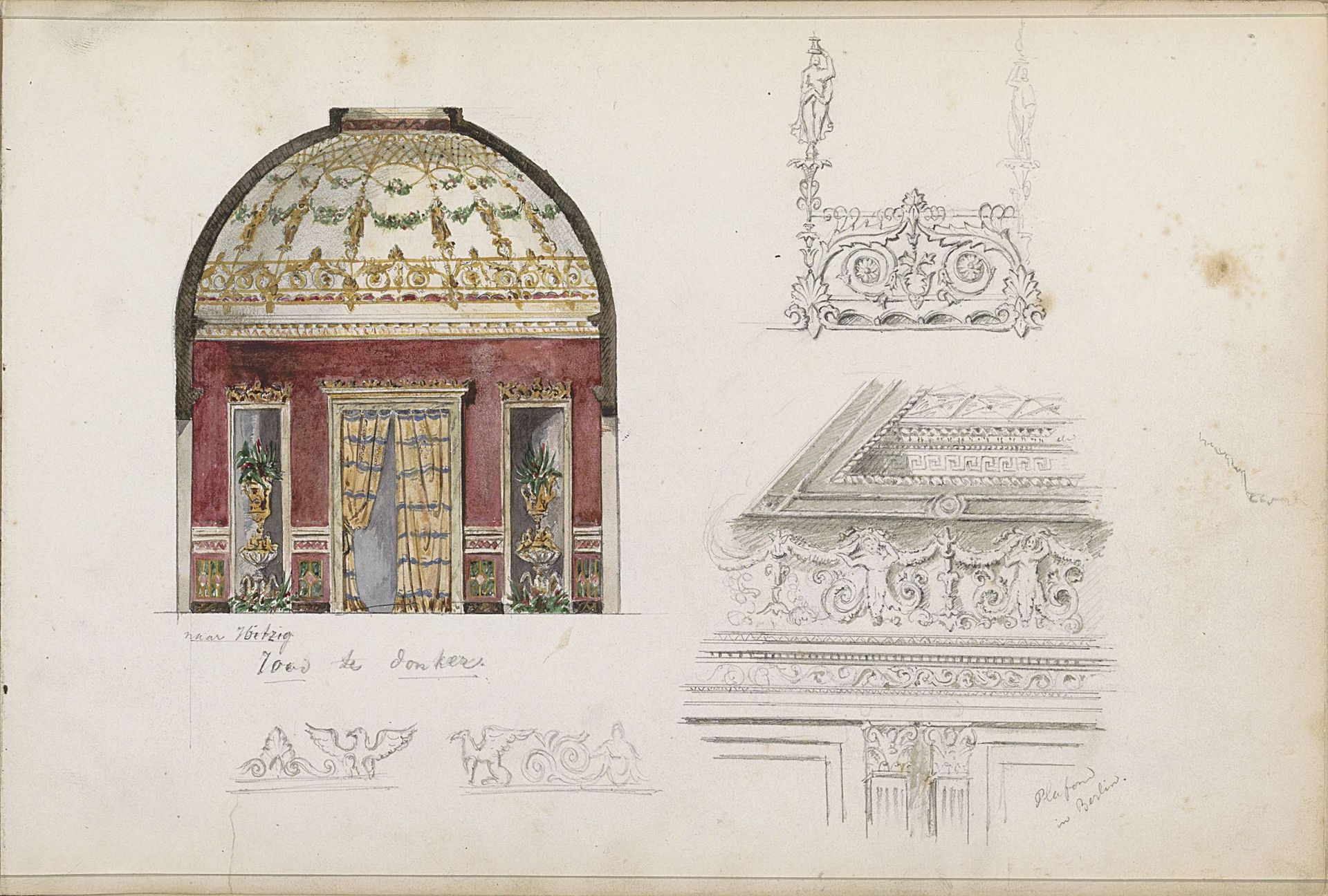 Interieur met koepel, een cassetteplafond in Berlijn en decoraties voor een kroonlijst by Isaac Gosschalk