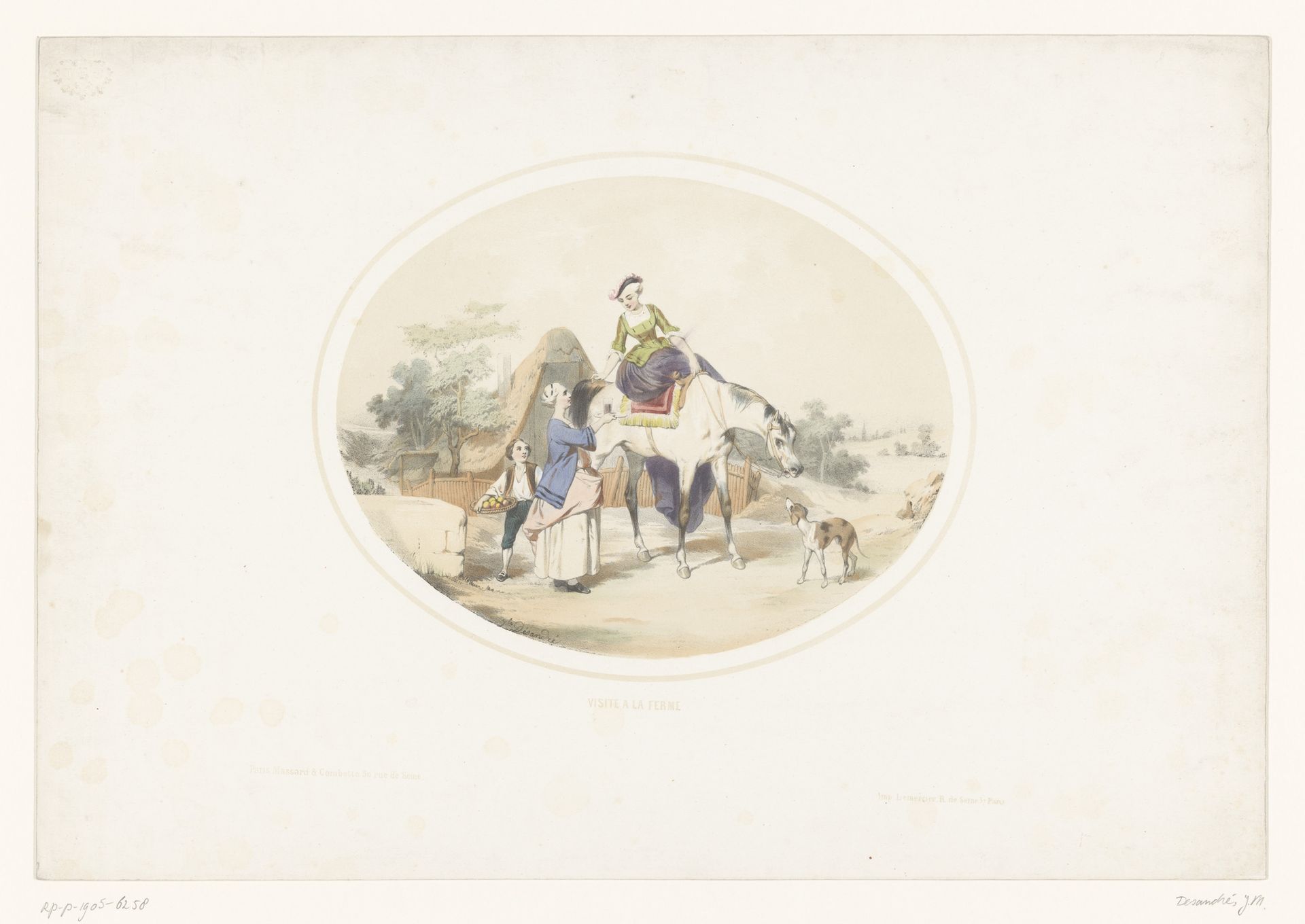 Dame op een paard bezoekt een boerderij by Jules Marie Desandré