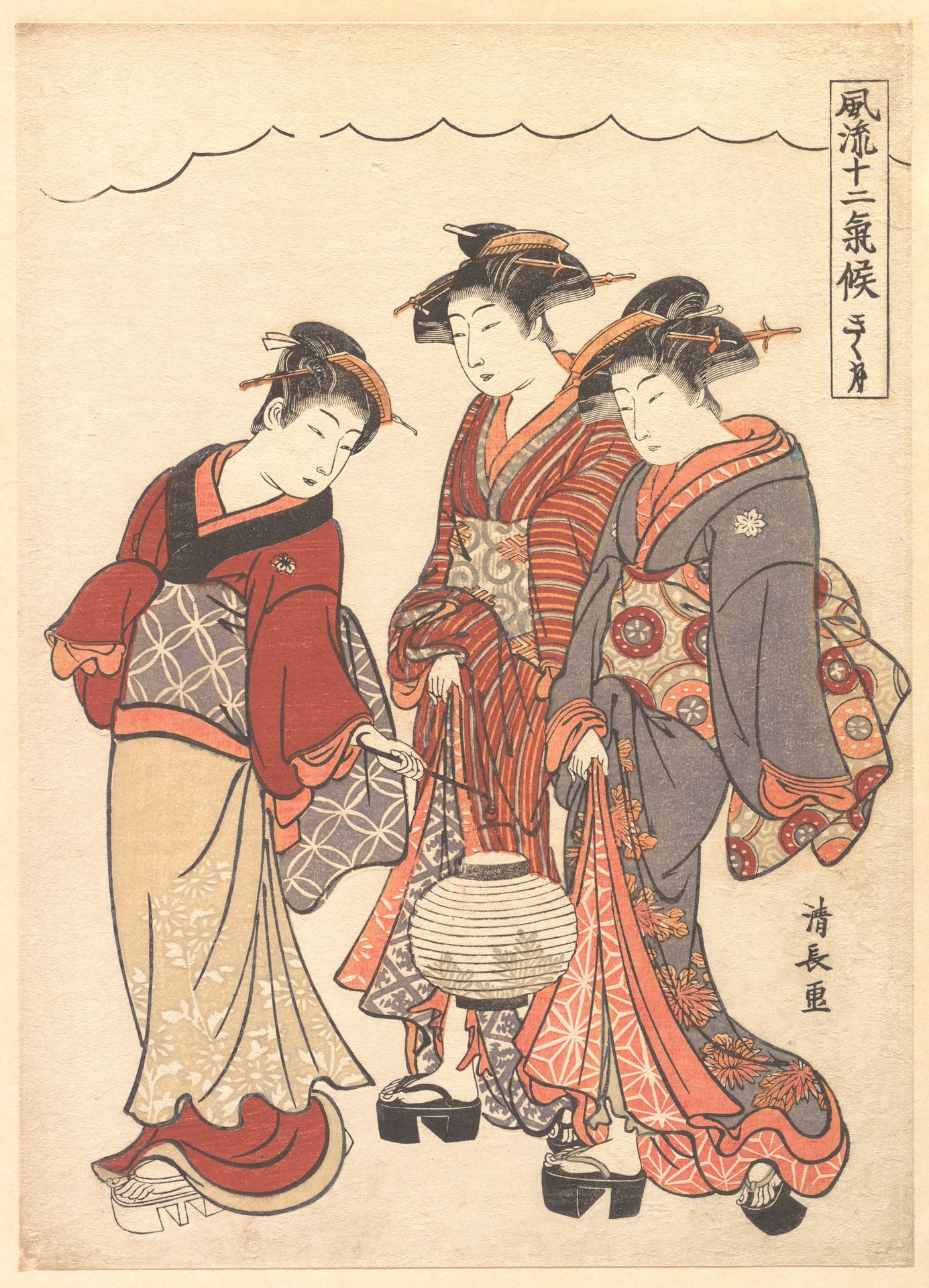 Two Geisha Preceded by a Maid Carrying a Lantern by Torii Kiyonaga