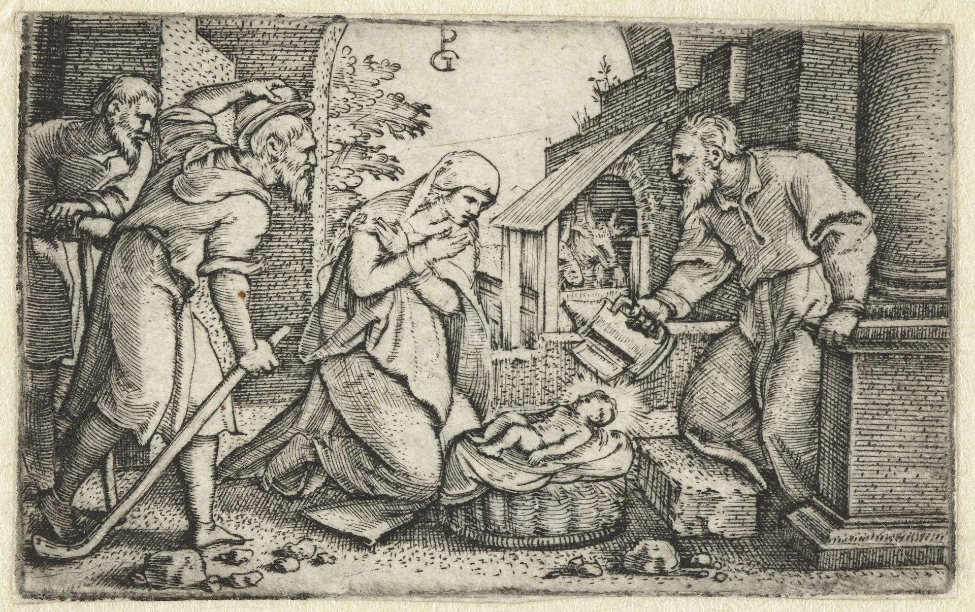 Geboorte van Christus en aanbidding van herders by Georg Pencz