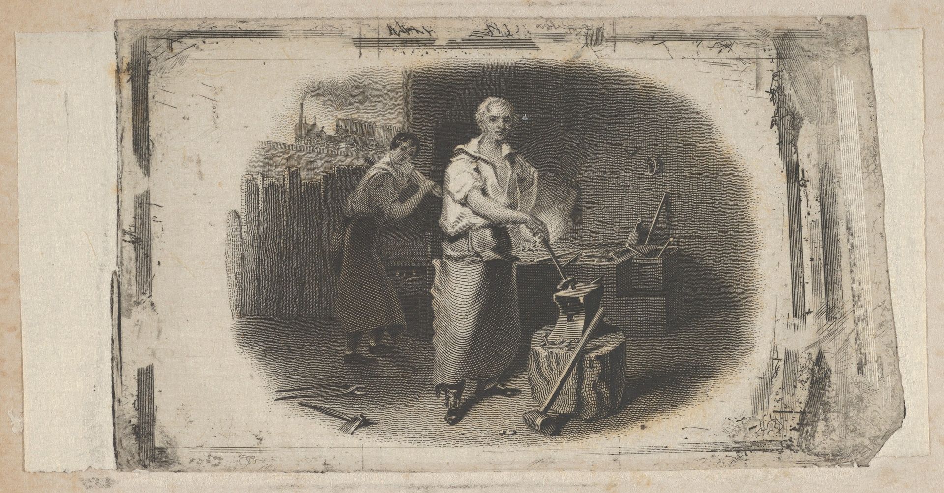 Banknote vignette with a blacksmith and forge by Asher Brown Durand