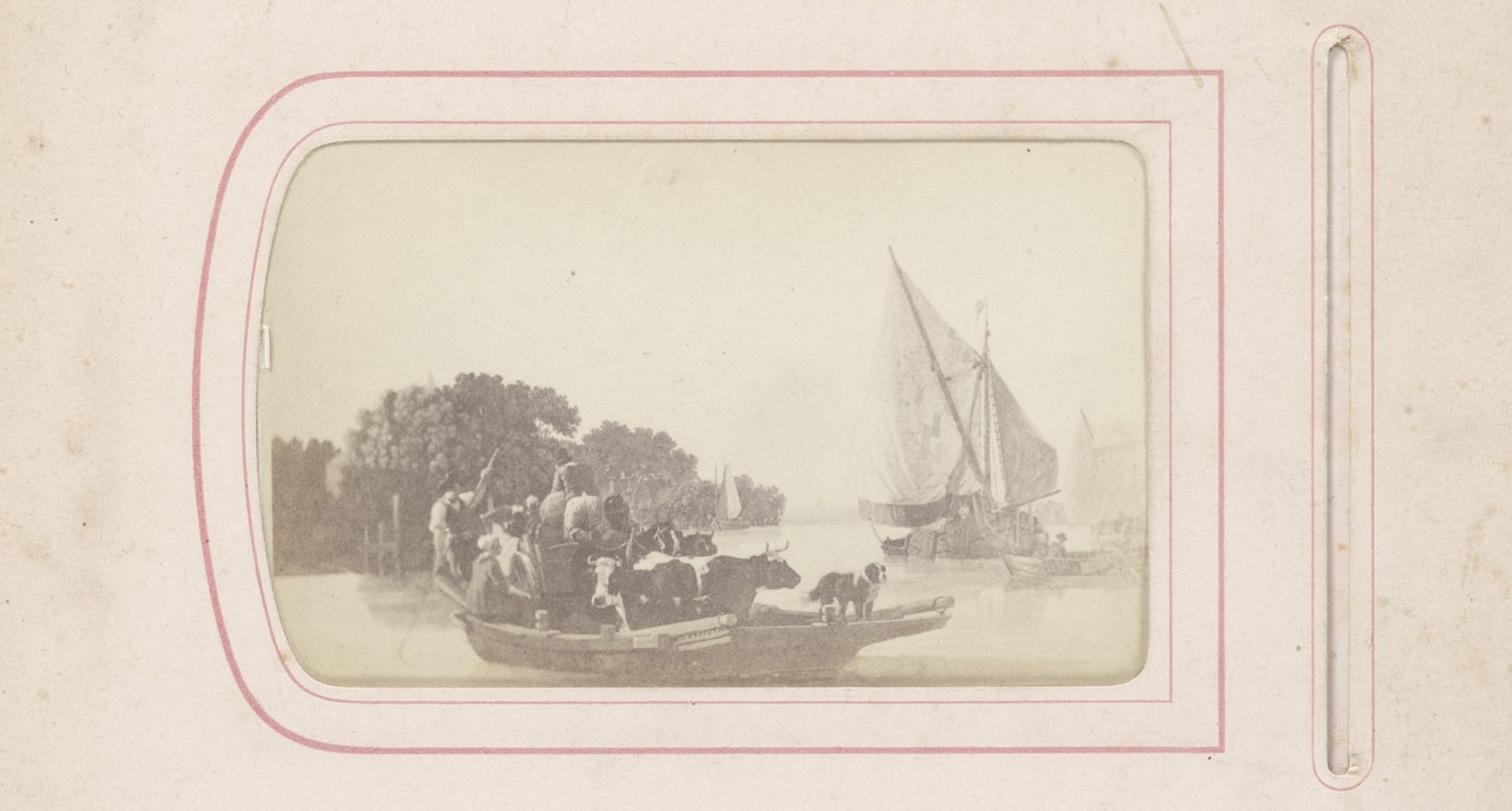 Fotoreproductie van schilderij met een riviergezicht met koeien op een schuit by Leonard de Koningh