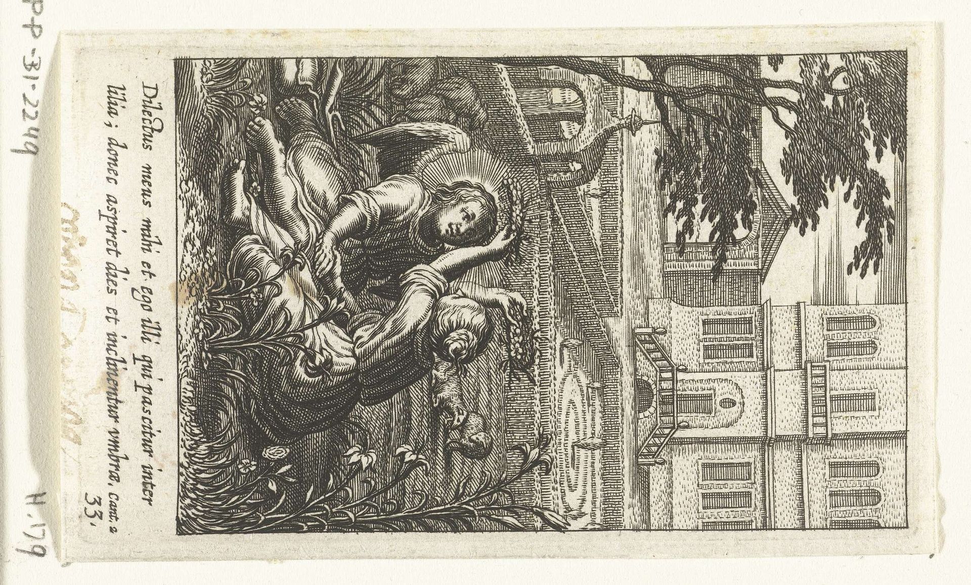 Engel en kind bekronen elkaar met bloemenkrans in tuin by Boëtius Adamsz. Bolswert
