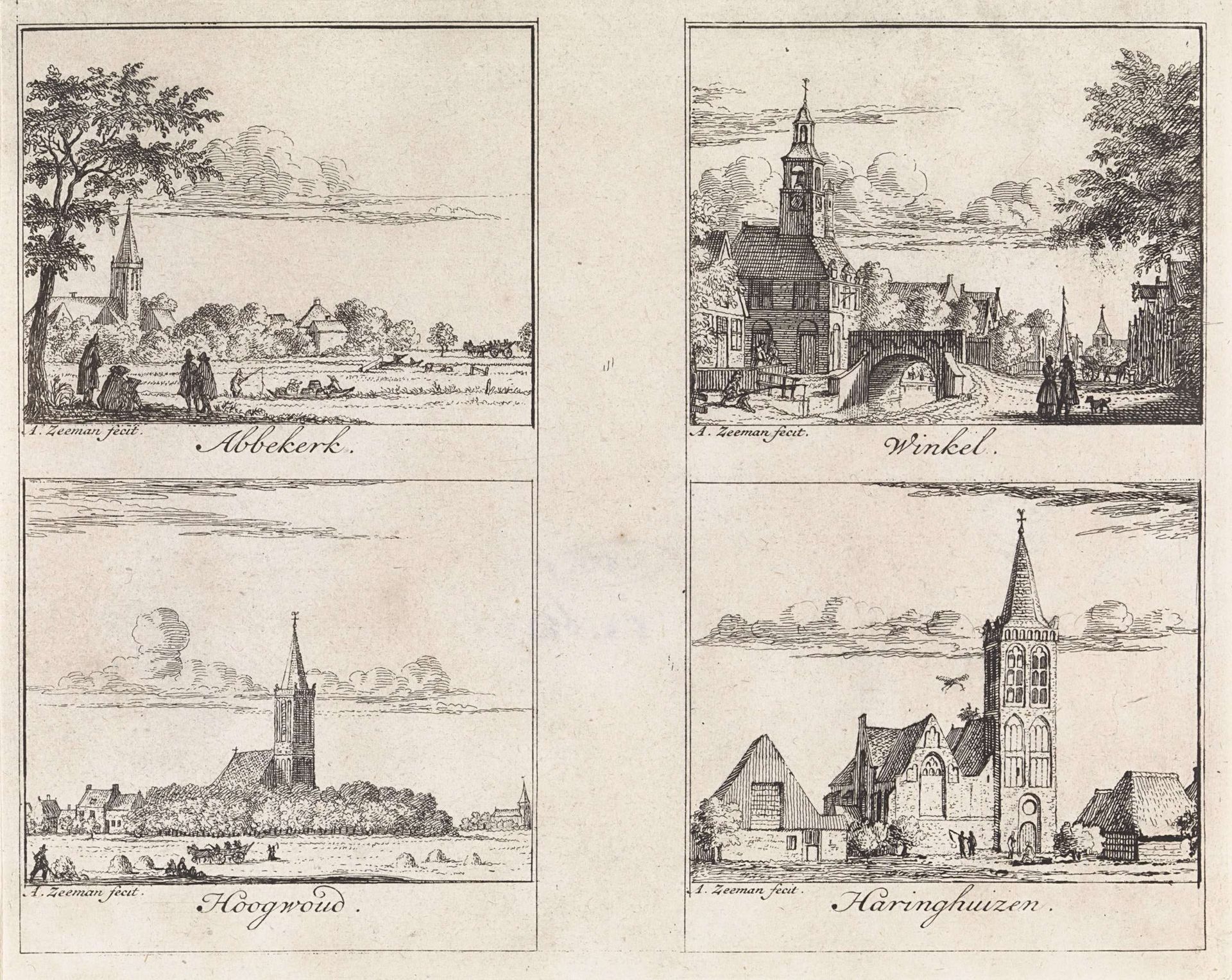 Gezichten op Abbekerk, Hoogwoud, Winkel en Haringhuizen by Abraham Zeeman