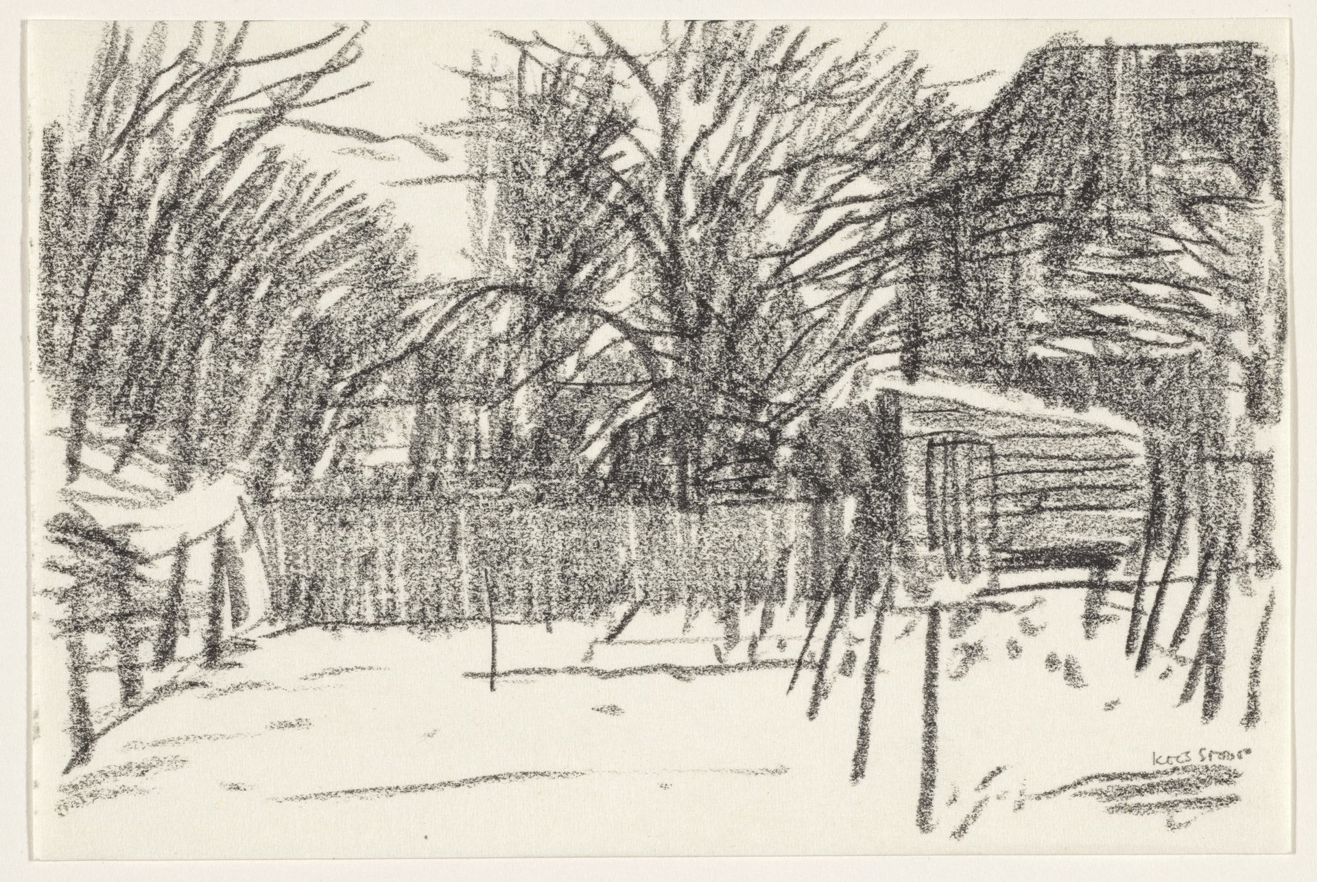 Land met hek, bomen en schuur by Kees Stoop