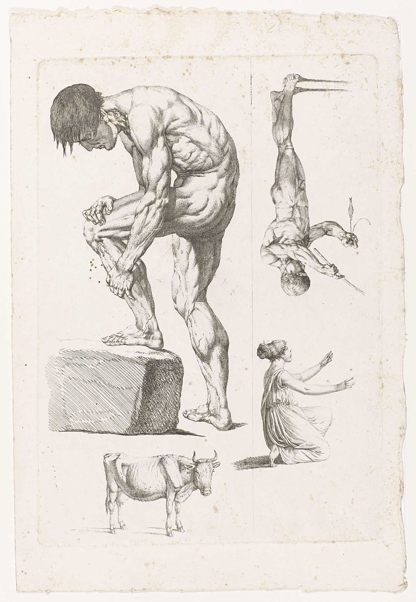 Twee mannen, een vrouw en een stier by Carl Wilhelm Kolbe