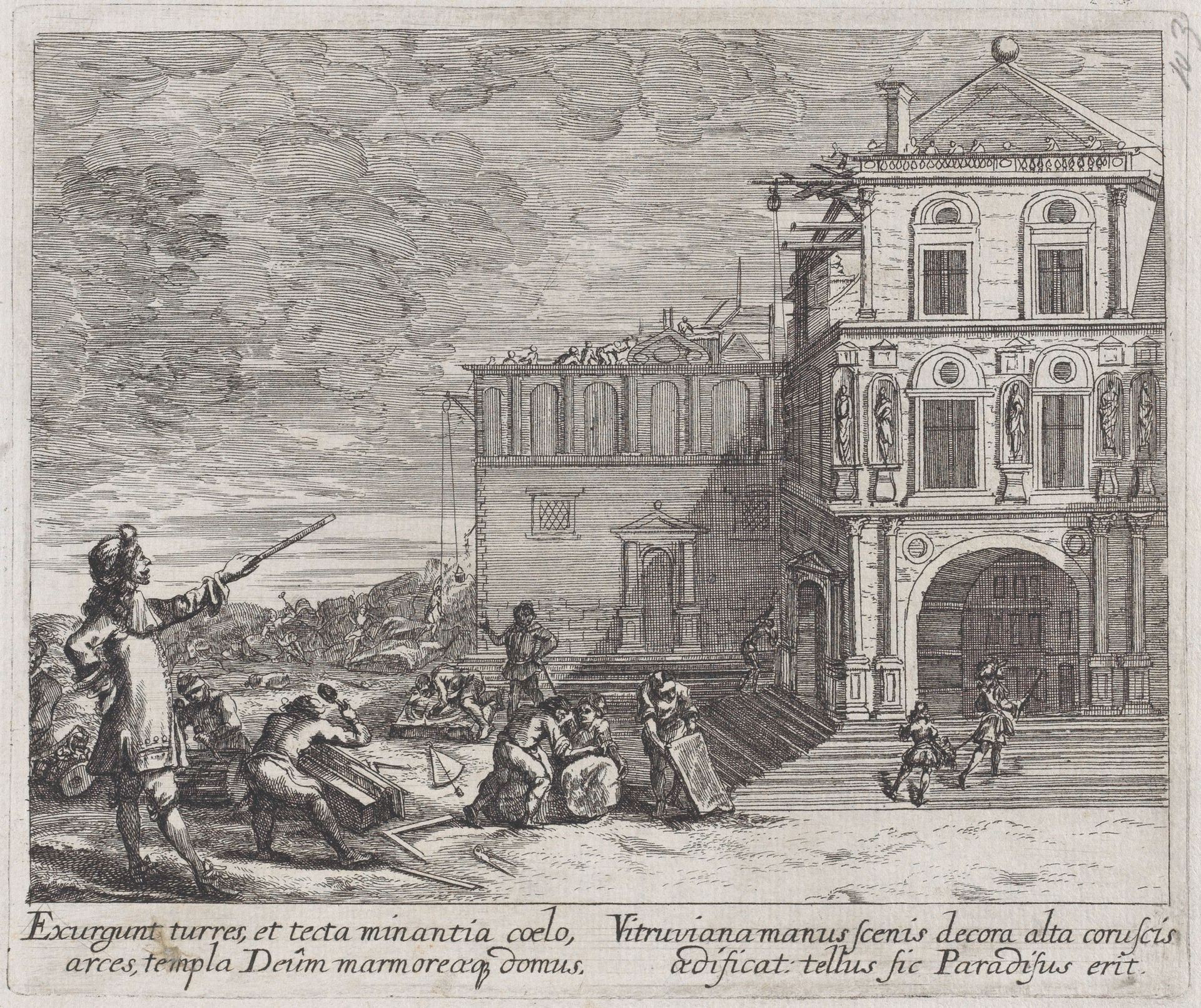 Scene showing the construction of a building by Melchior Küsel