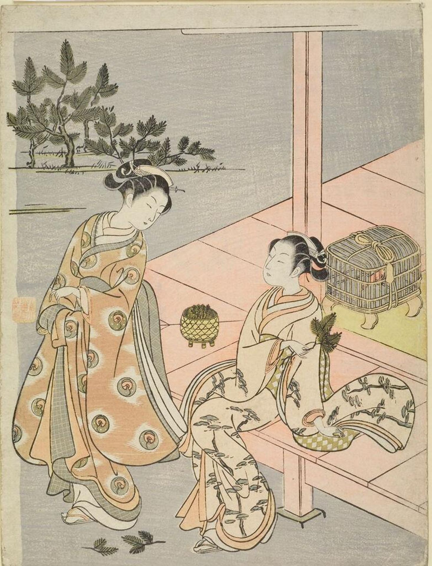 Two Women Collecting Pine Shoots for New Year by Suzuki Harunobu 鈴木春信