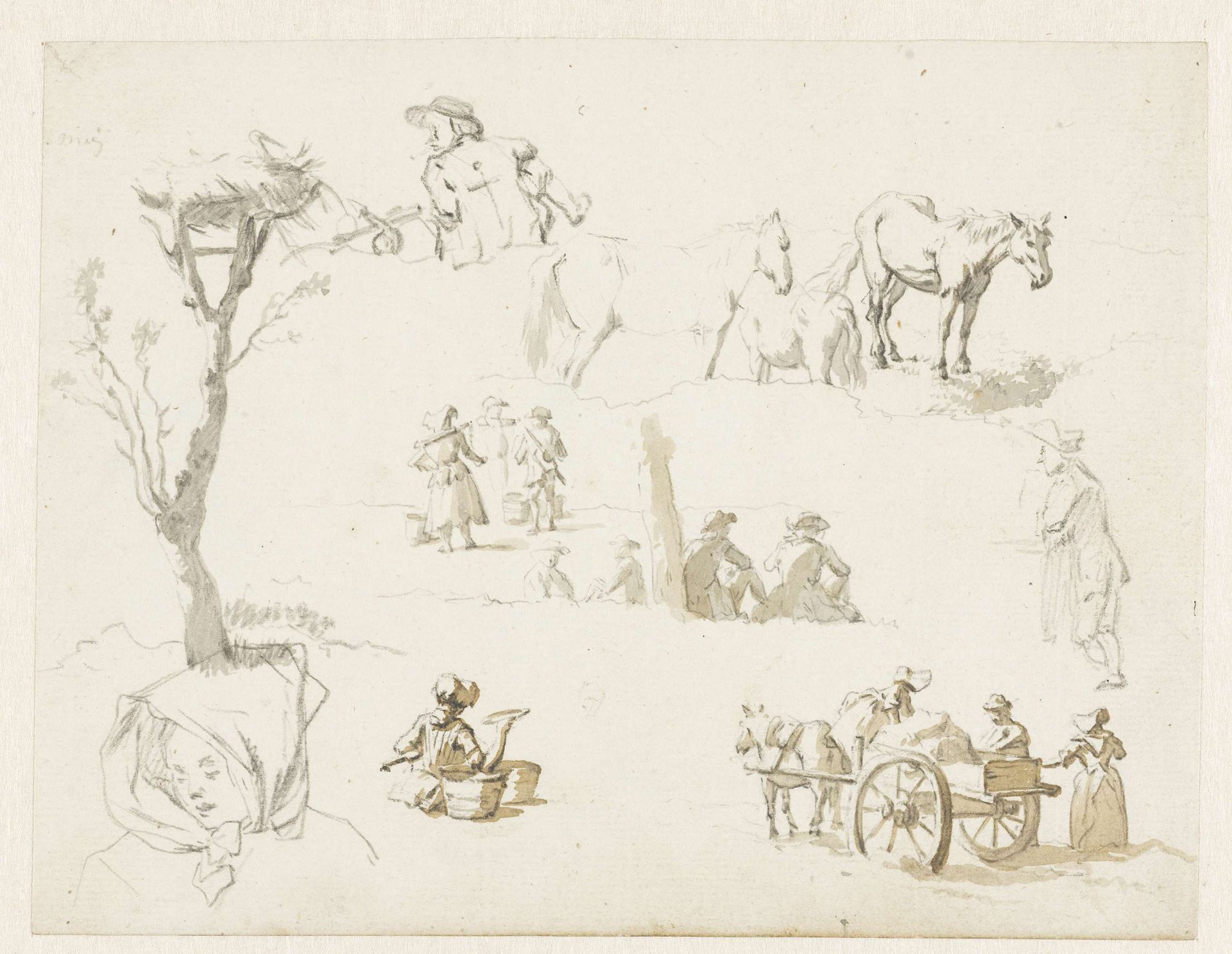 Studies van landlieden, paarden en een ooievaarsnest by Pieter Bartholomeusz. Barbiers