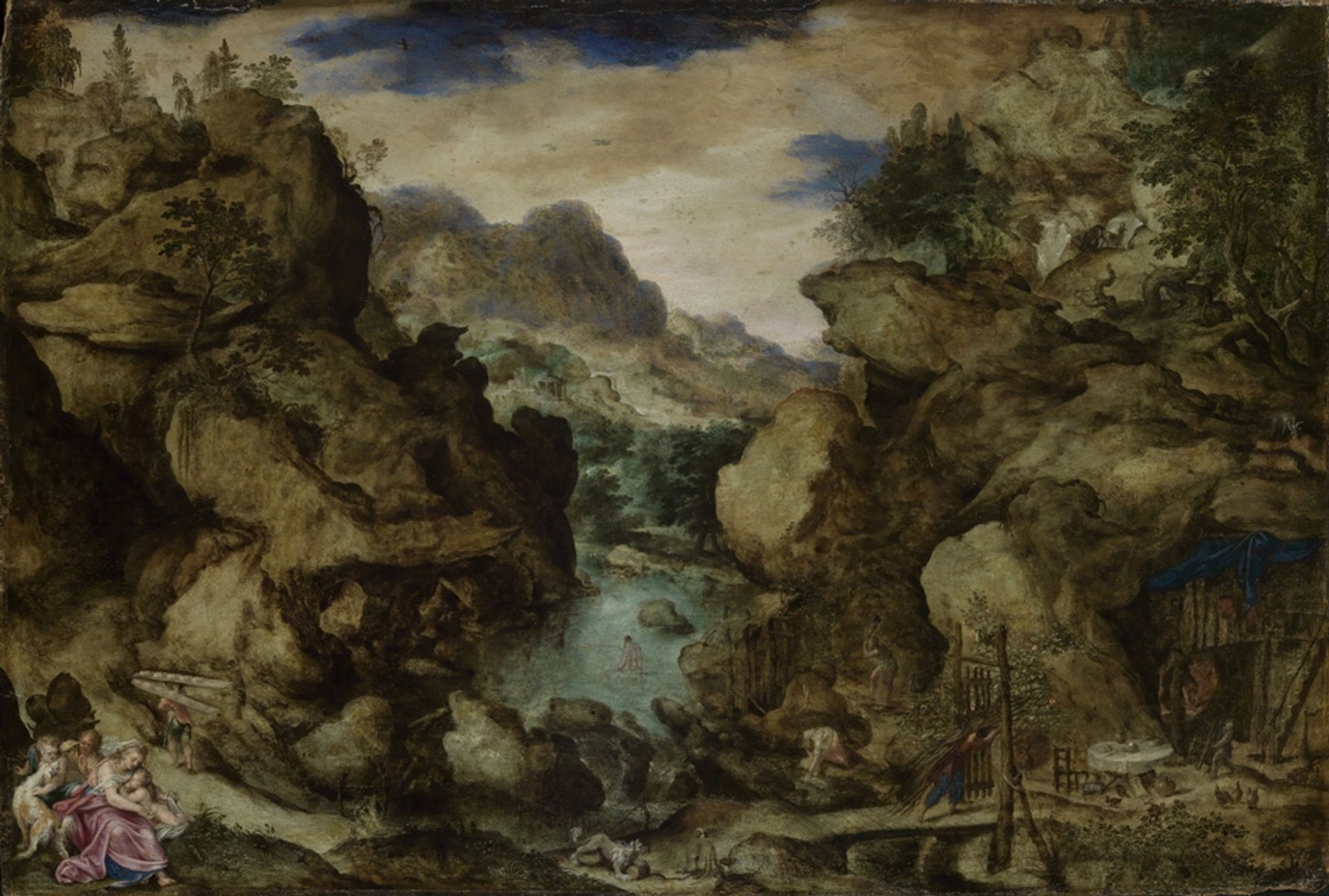 Mountain landscape with figure staffage by Bartholomeus Spranger