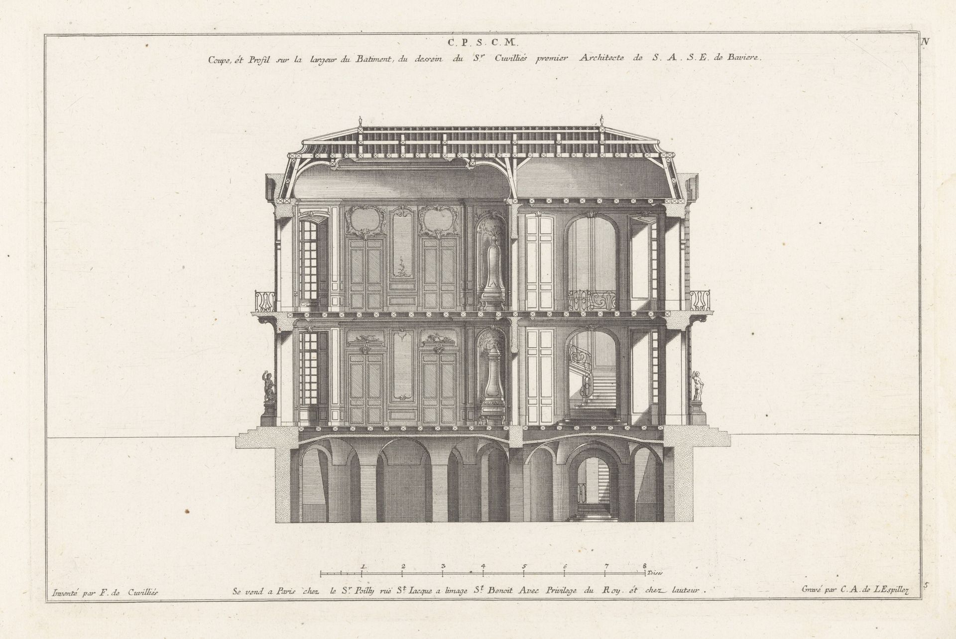 Dwarsdoorsnede van landhuis by Carl Albert von Lespilliez