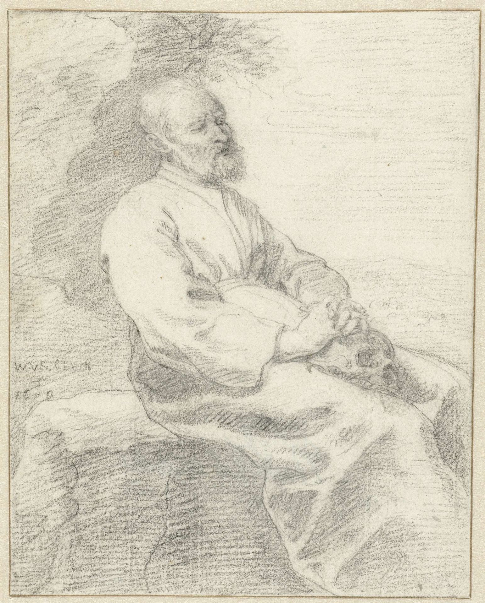 Zittende kluizenaar met op zijn schoot een schedel by W. Verbeeck
