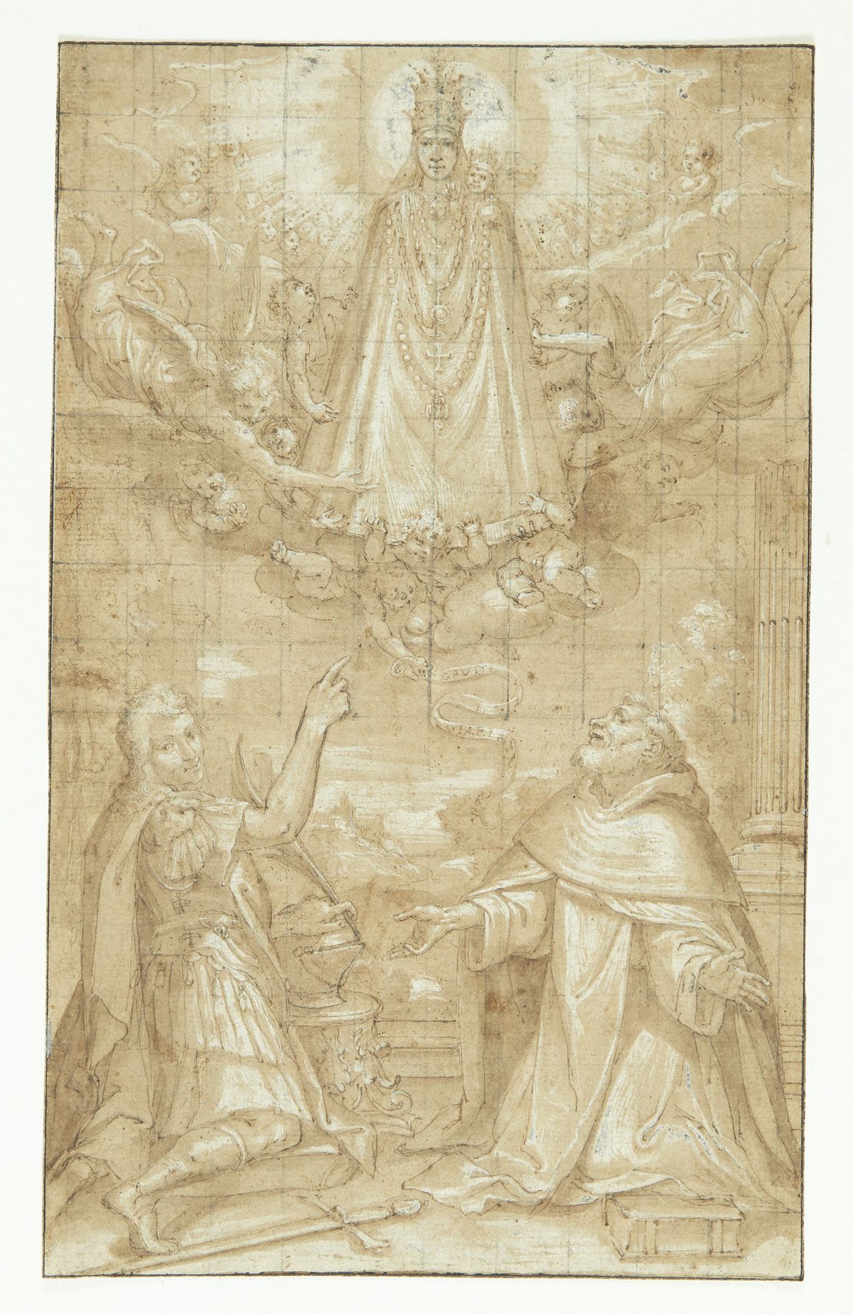 En kronet Madonna med barnet, omhængt med en kappe og tunge kæder, åbenbarer sig i skyerne, omgivet af engle og keruber, for to knælende helgener; den ene en soldat, der er martyr, den anden en gejstlig (Hyacintus?). En engel rækker et bælte eller et skriftbånd ned til dem, hvorpå der står: GAUDE TI GIACINTE VINX (?) by Guercino