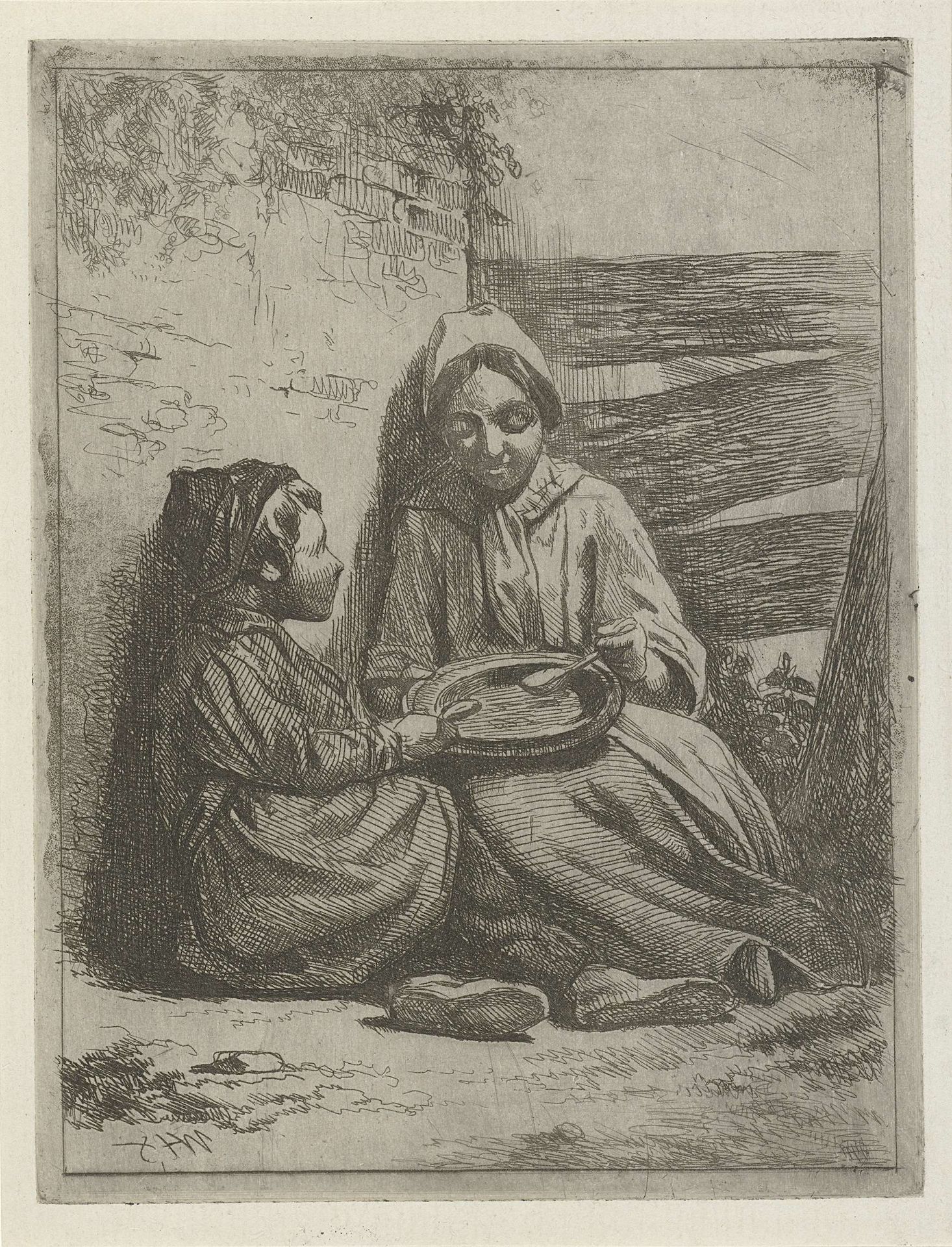 Meisje en een jongen uit een bord lepelend by Willem Pieter Hoevenaar