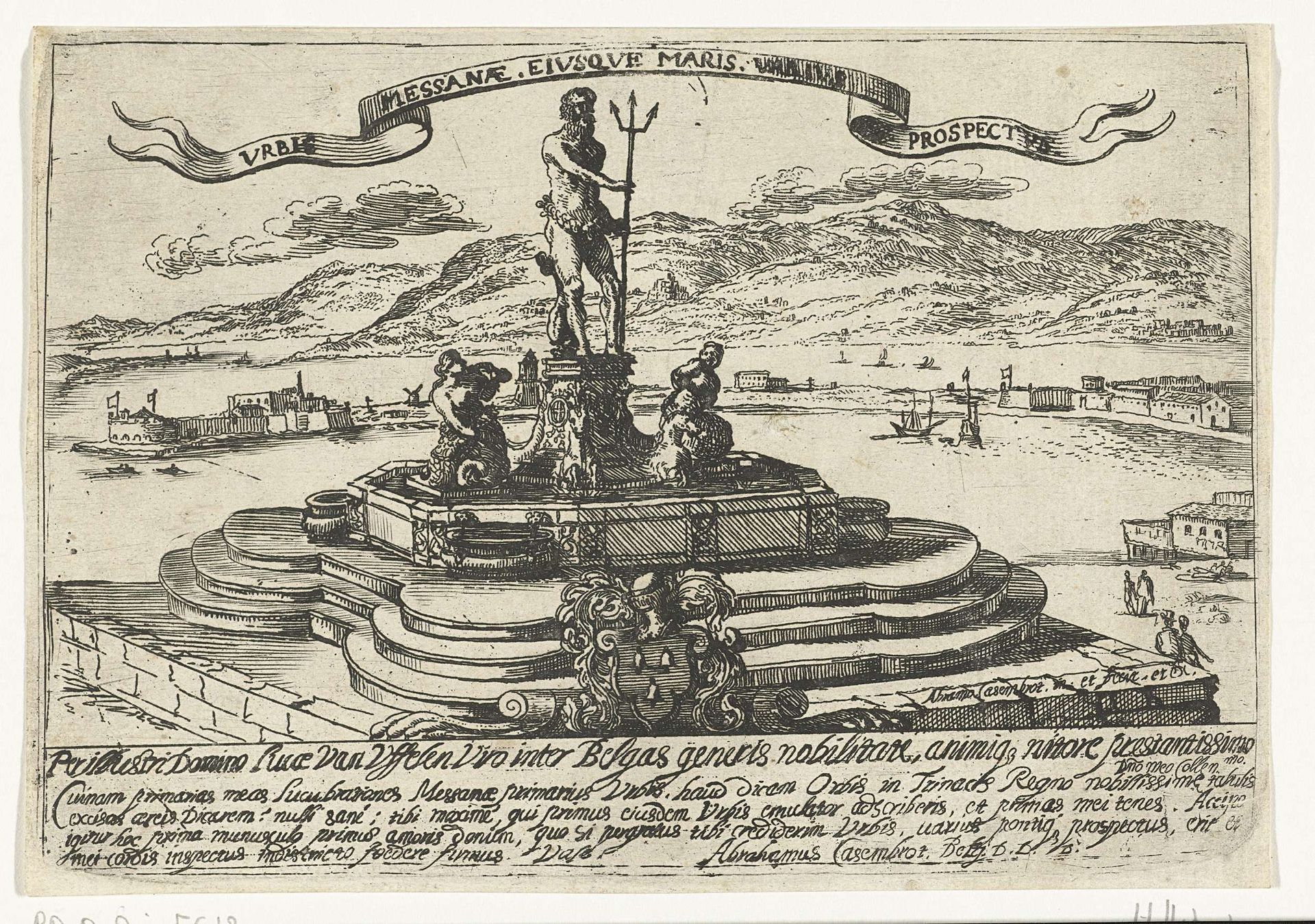 Gezicht op de haven van Messina en de Neptunus-fontein by Abraham Casembroot