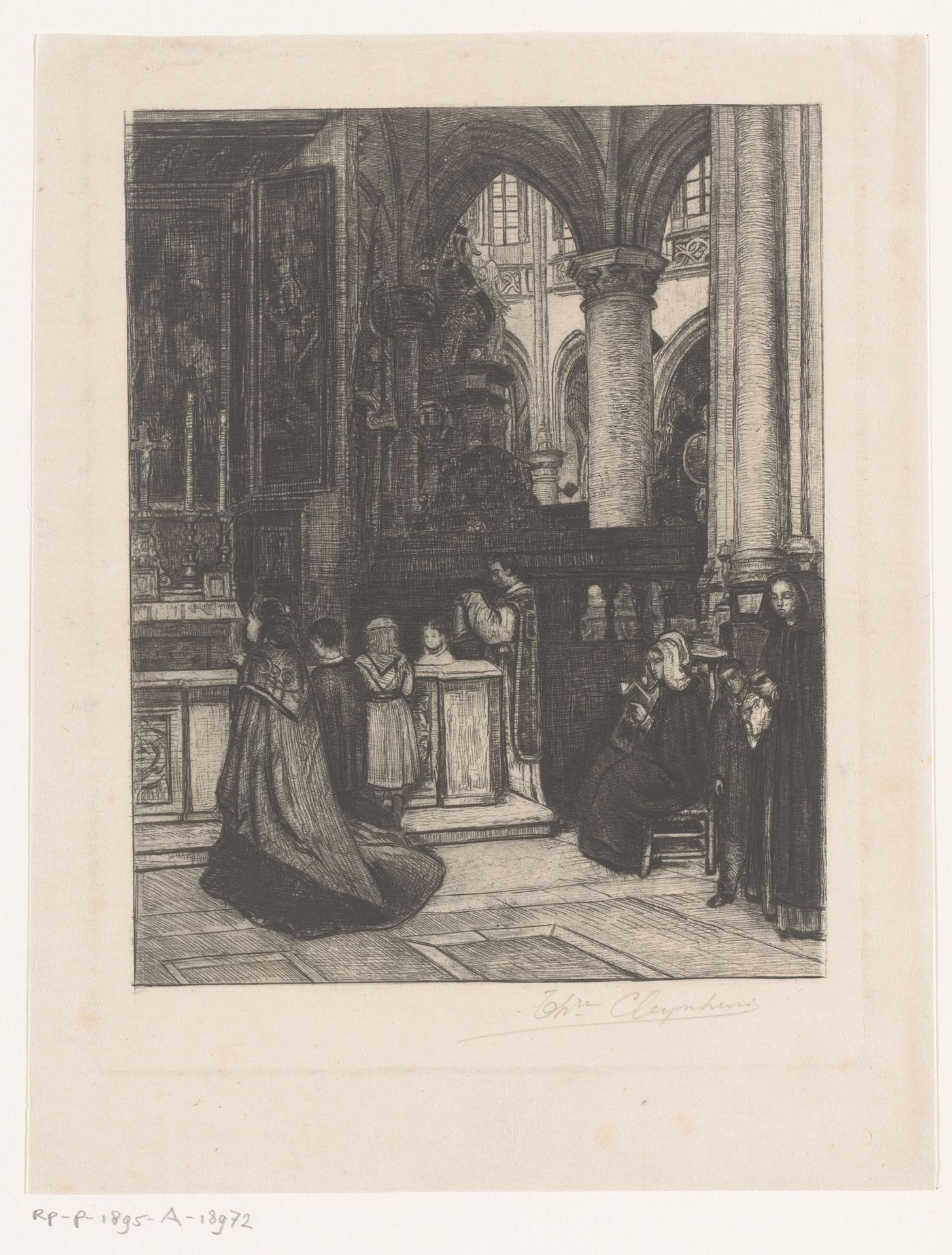 Zijkapel van de Sint-Jacobskerk met figuren bij het altaar by Théodore Joseph Cleynhens