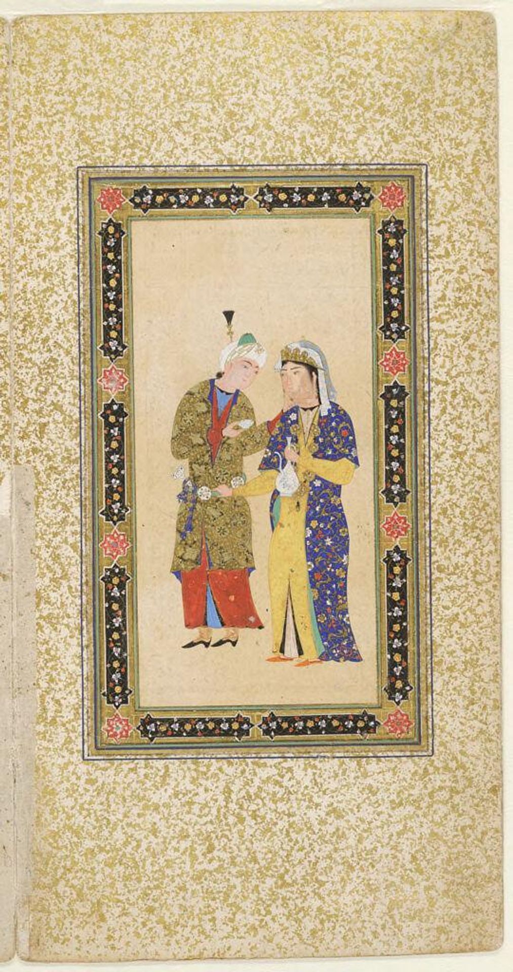 Lovers with Wine (painting, verso); Love Poetry (calligraphy, recto), folio from an album, right-hand side of a bifolio by Attributed to Mir `Ali Haravi