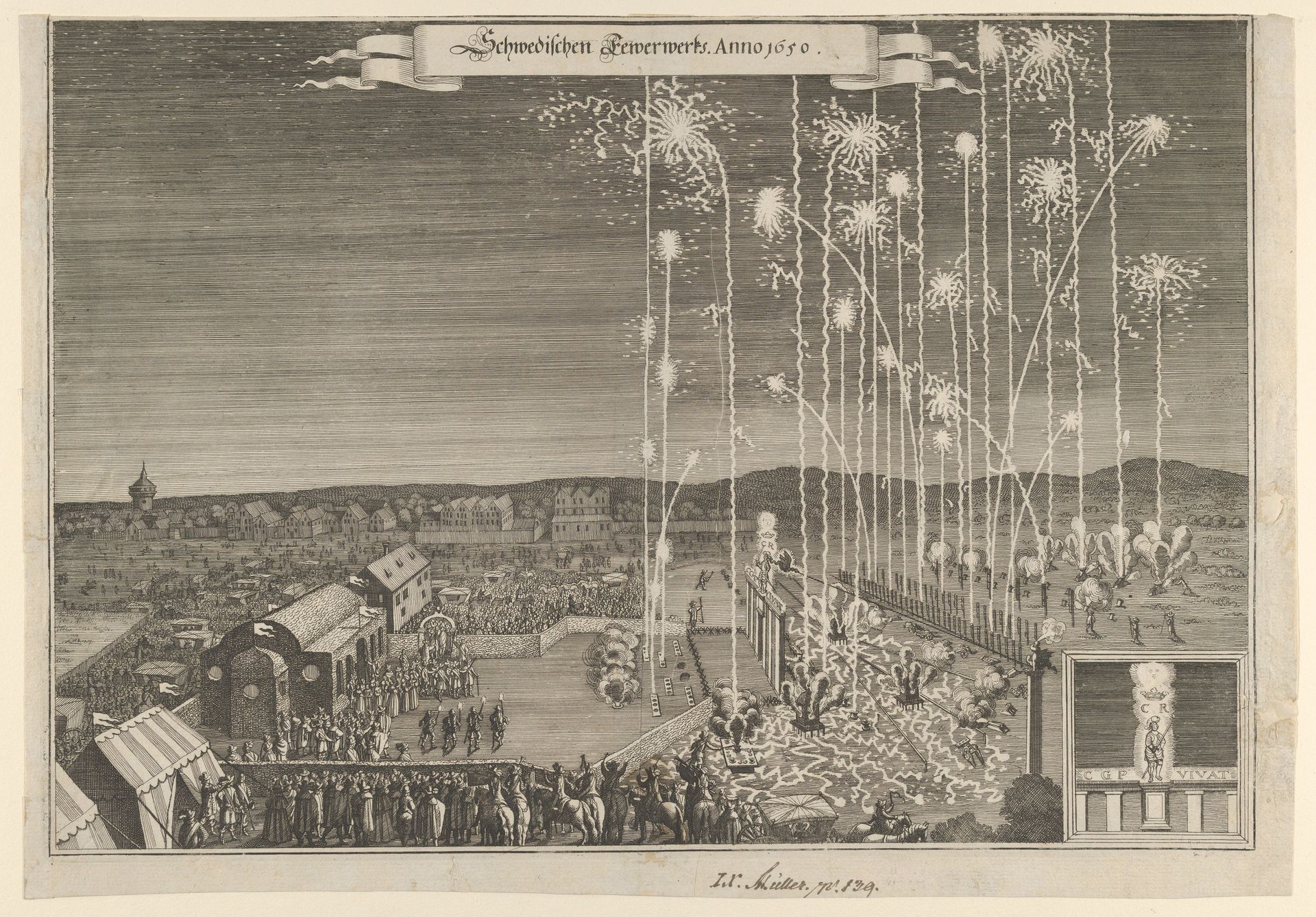 Fireworks given by the Swedish ambassadors to honor Karl Gustav, Count Palatine, executed by Johann Carl, Nuremberg 1650 by Anonymous