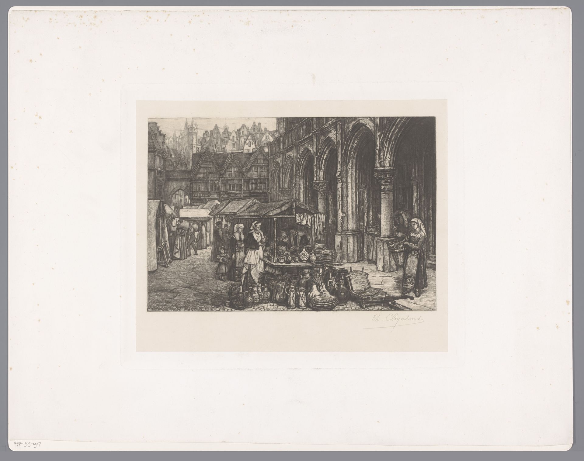 Middeleeuwse markt met keramiekkraam by Théodore Joseph Cleynhens