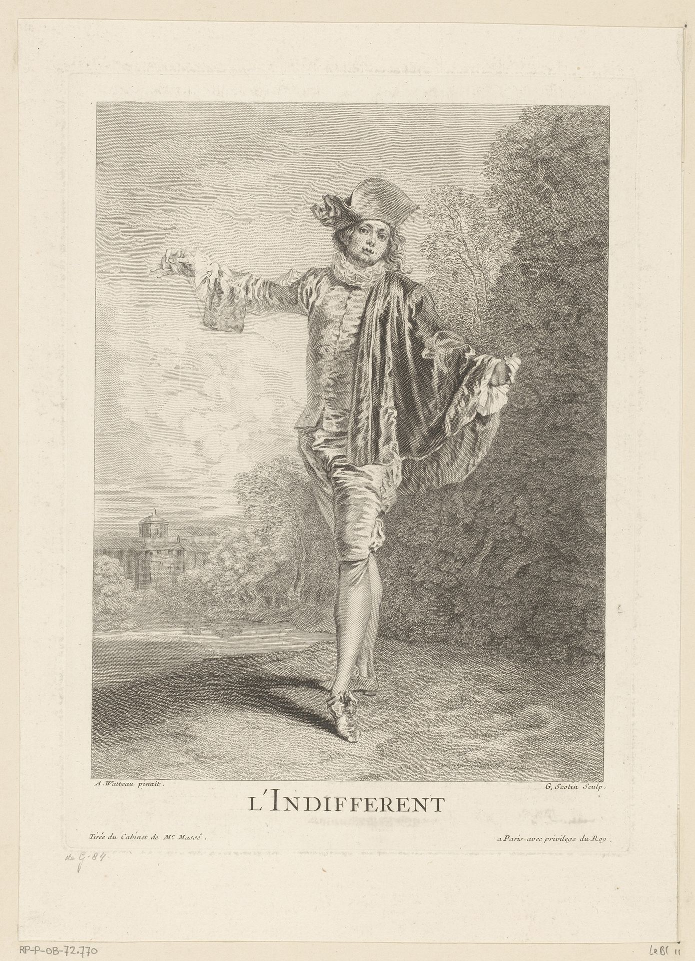 Theaterfiguur in parklandschap by Gérard Jean-Baptiste Scotin