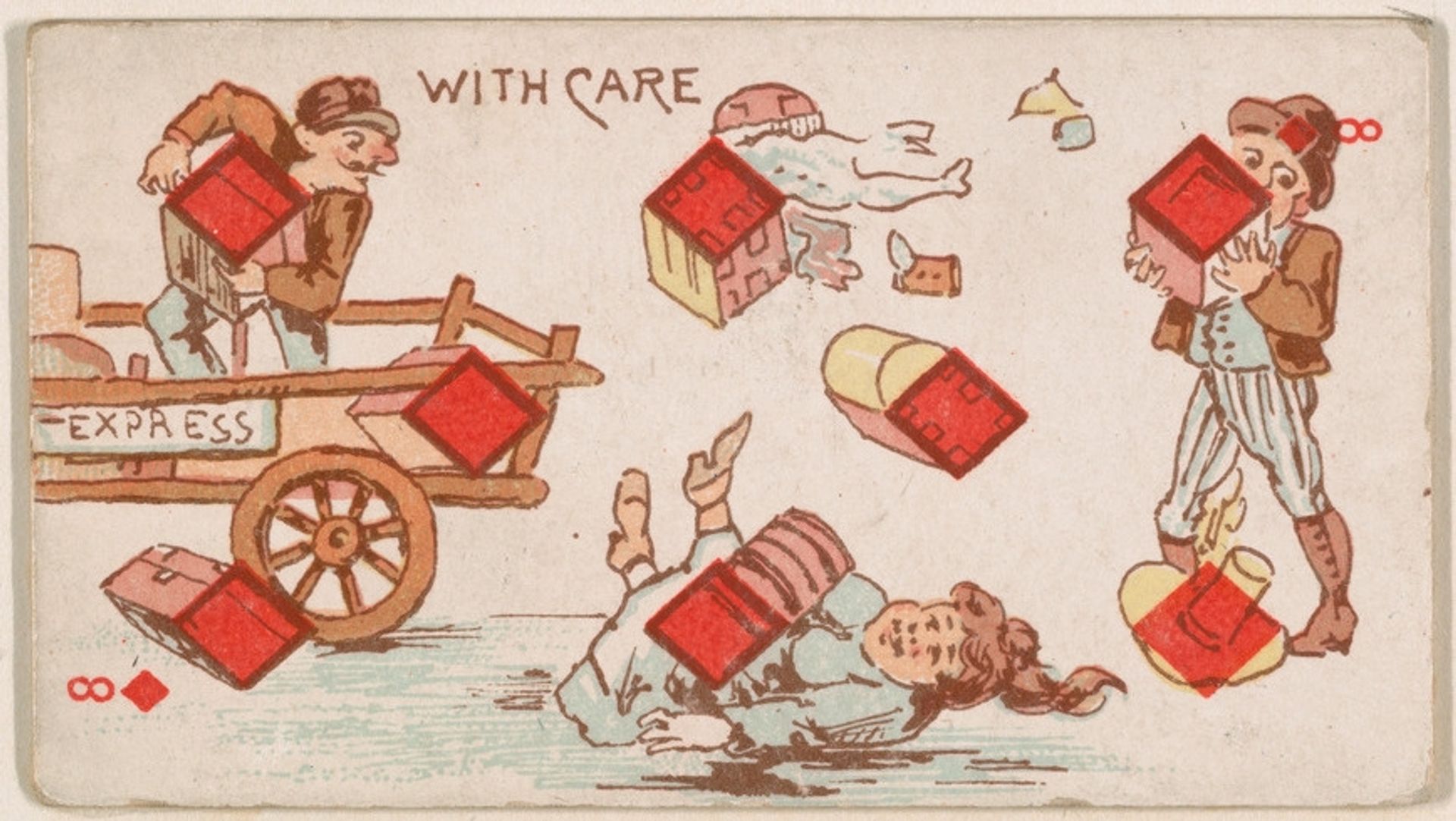 Eight of Diamonds, With Care, from Harlequin Cards, 2nd Series (N220) issued by Kinney Bros. by Kinney Brothers Tobacco Company