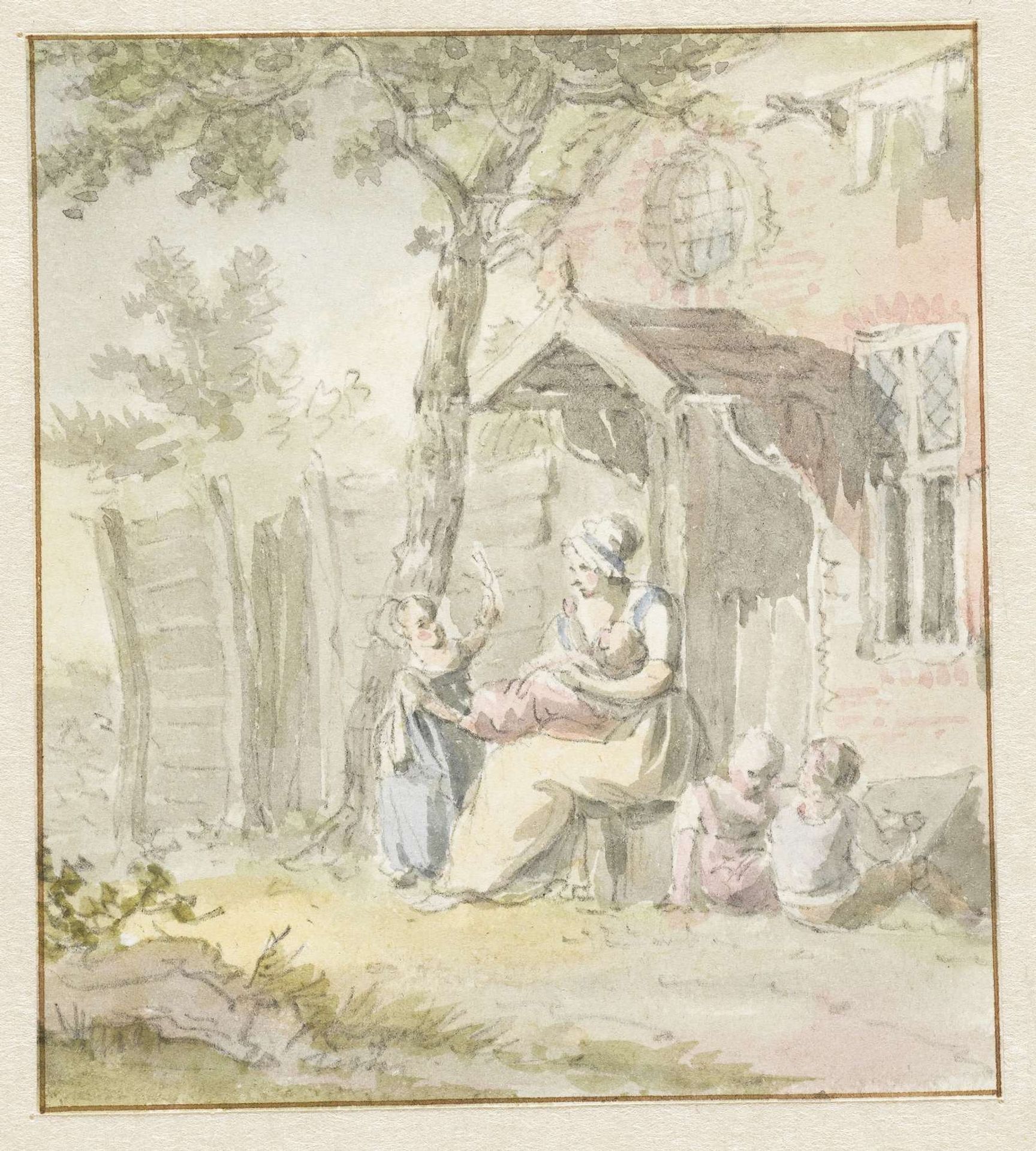Moeder met kinderen zittend voor huis by Pieter Bartholomeusz. Barbiers
