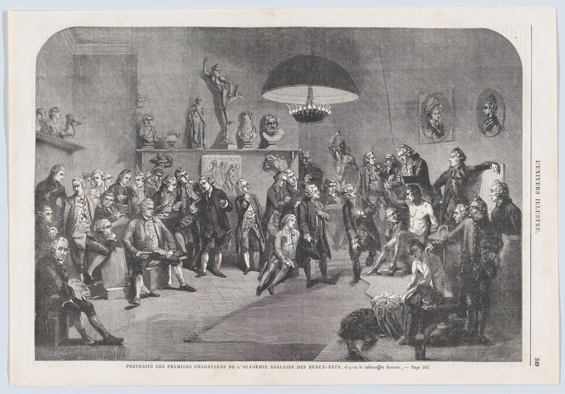 Portraits des premiers fondateurs de l'Académie Anglaise des Beaux-Arts (Portraits of the founding members of the Royal Academy of Arts, London), from "L'Univers Illustré" by Mason Jackson