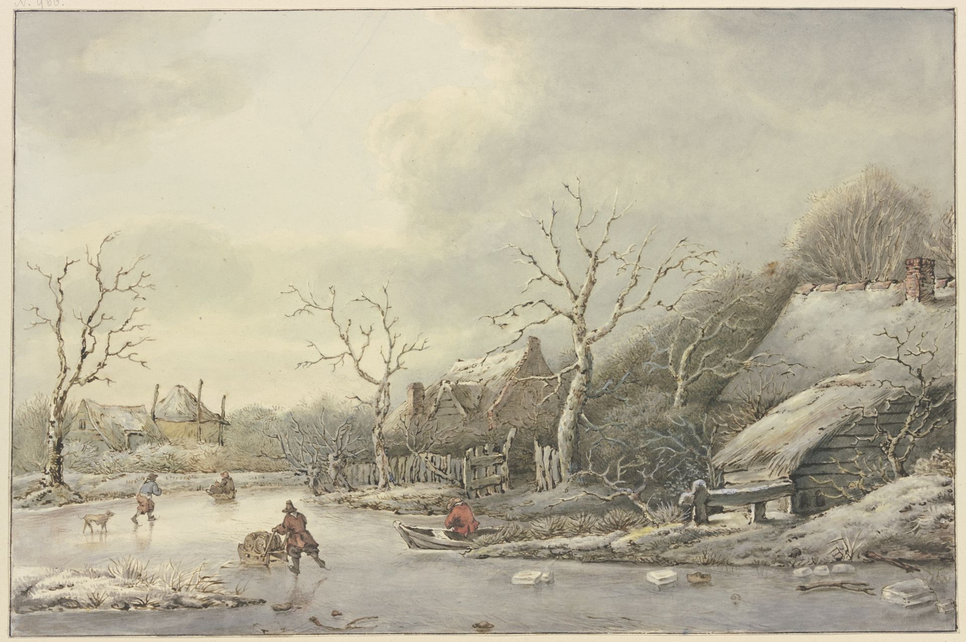 Winterlandschaft mit Schlittschuhläufern auf einem Kanal by Jan Hulswit