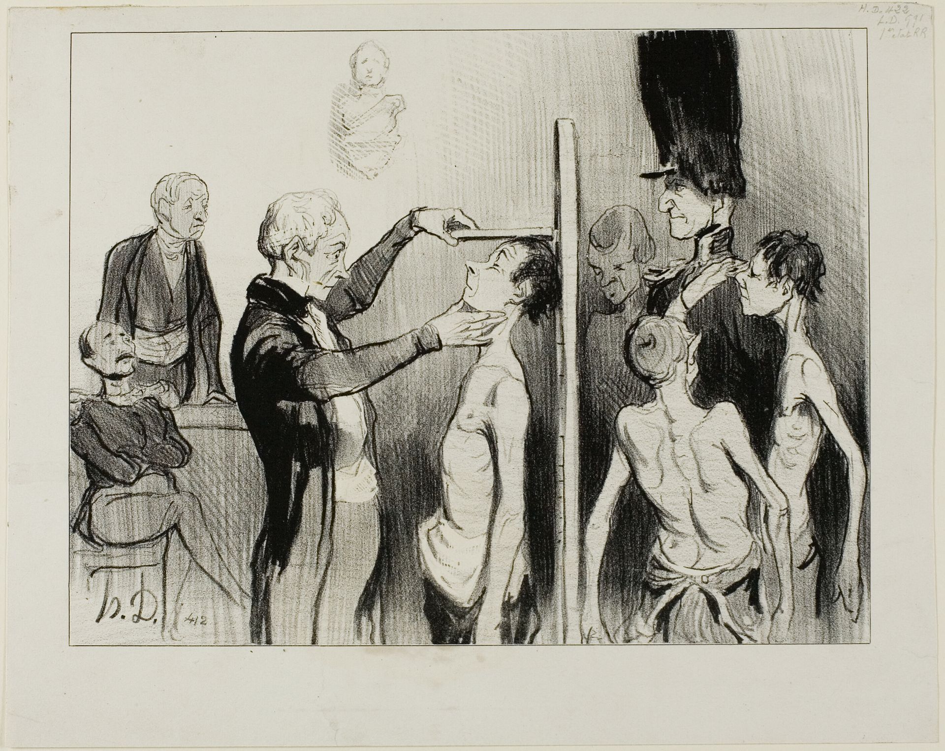 The Recruiting Board. “Isn't it a glorious sight: these noble young Frenchmen full of ardour, strength and elegance ready to defend their honour under the flags of Mars,” plate 35 from Caricatures Du Jour by Honoré Daumier