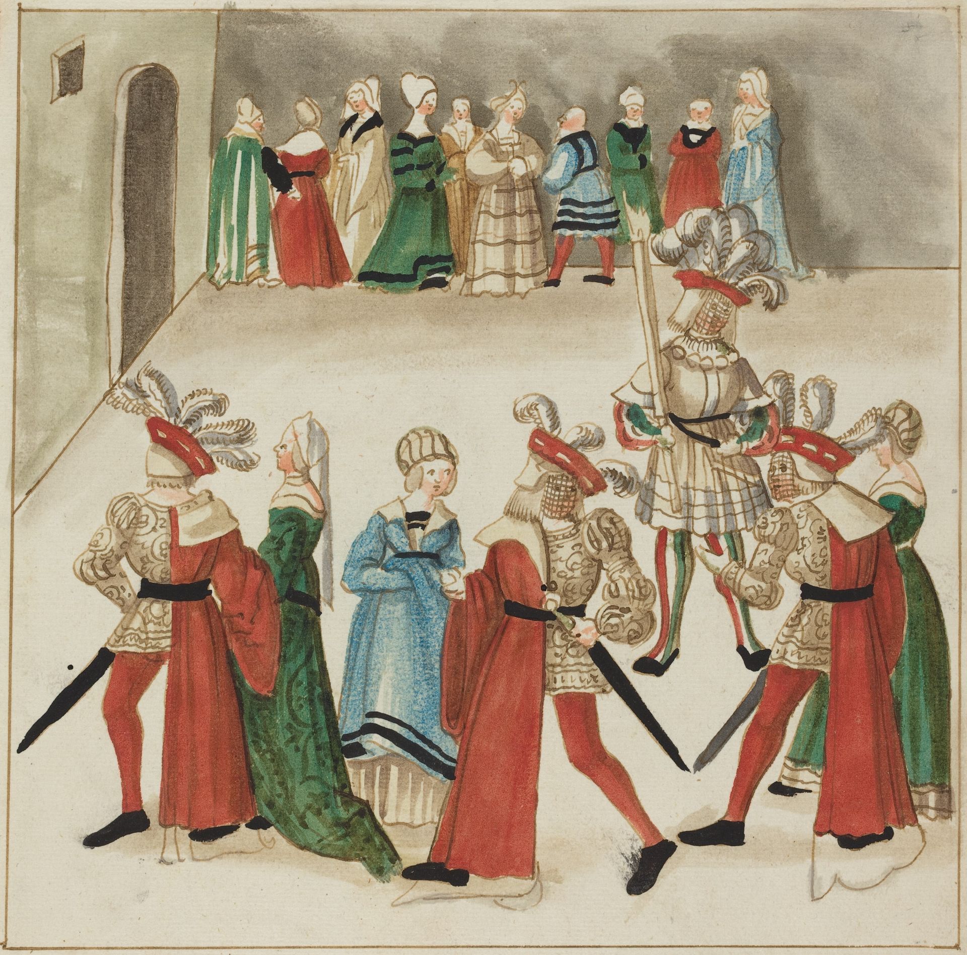 Three Men in Red Capes Dancing with Their Partners by Anonymous