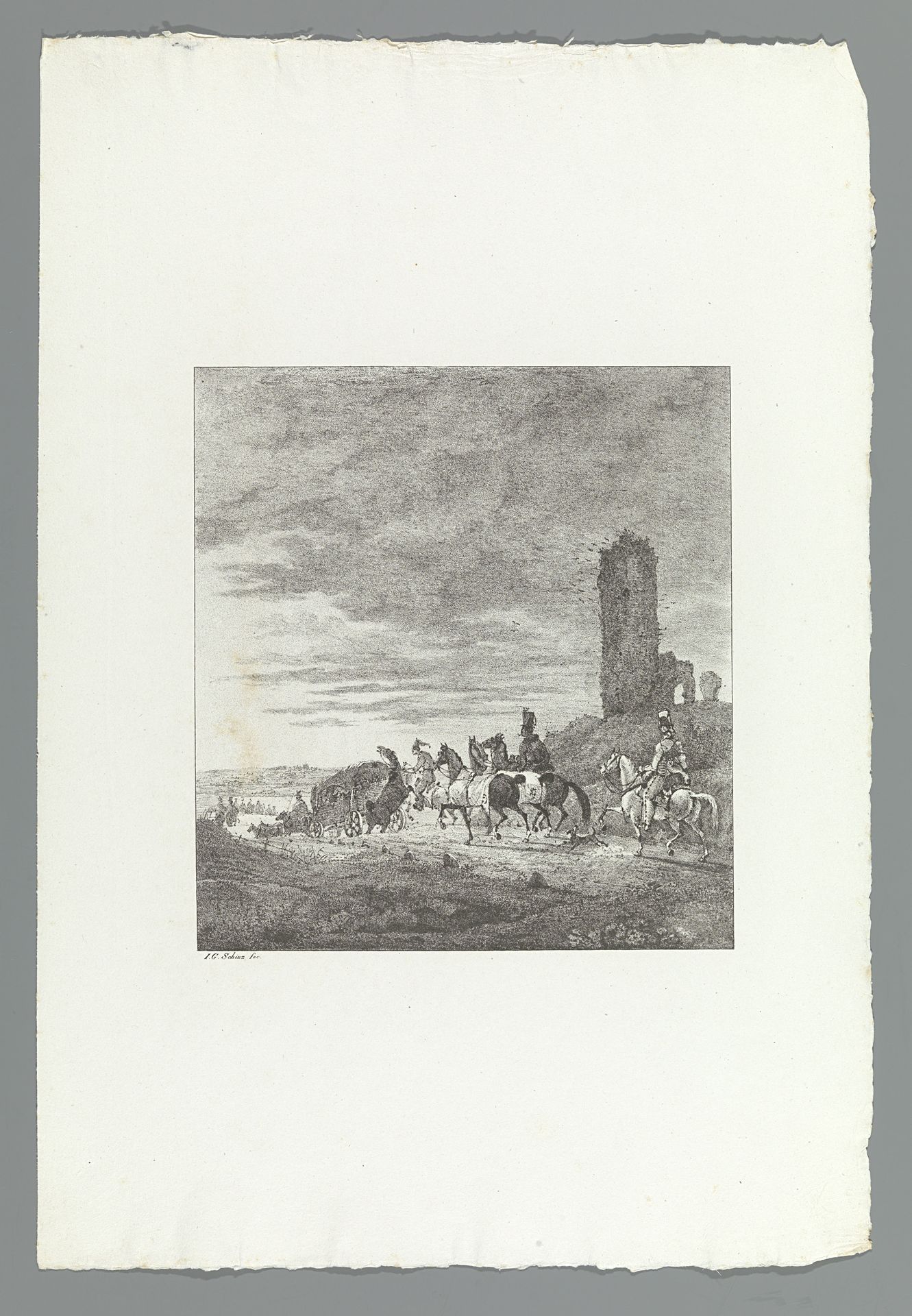 Militairen te paard passeren de ruïne van een toren by Johann Georg Schinz