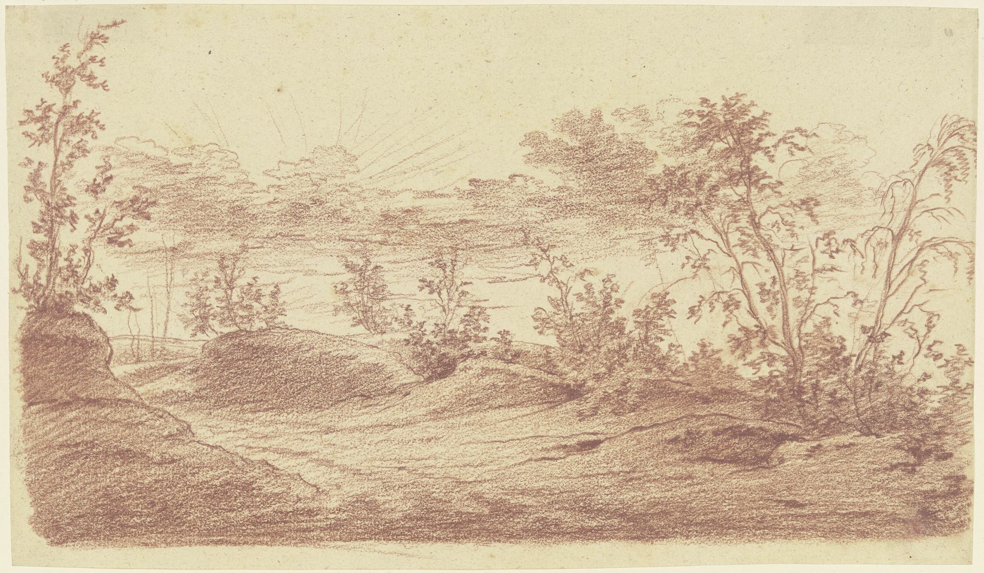Abendlandschaft, im Vordergrund ein Waldweg mit lichtem Buschwerk by Christian Gottfried Mathes