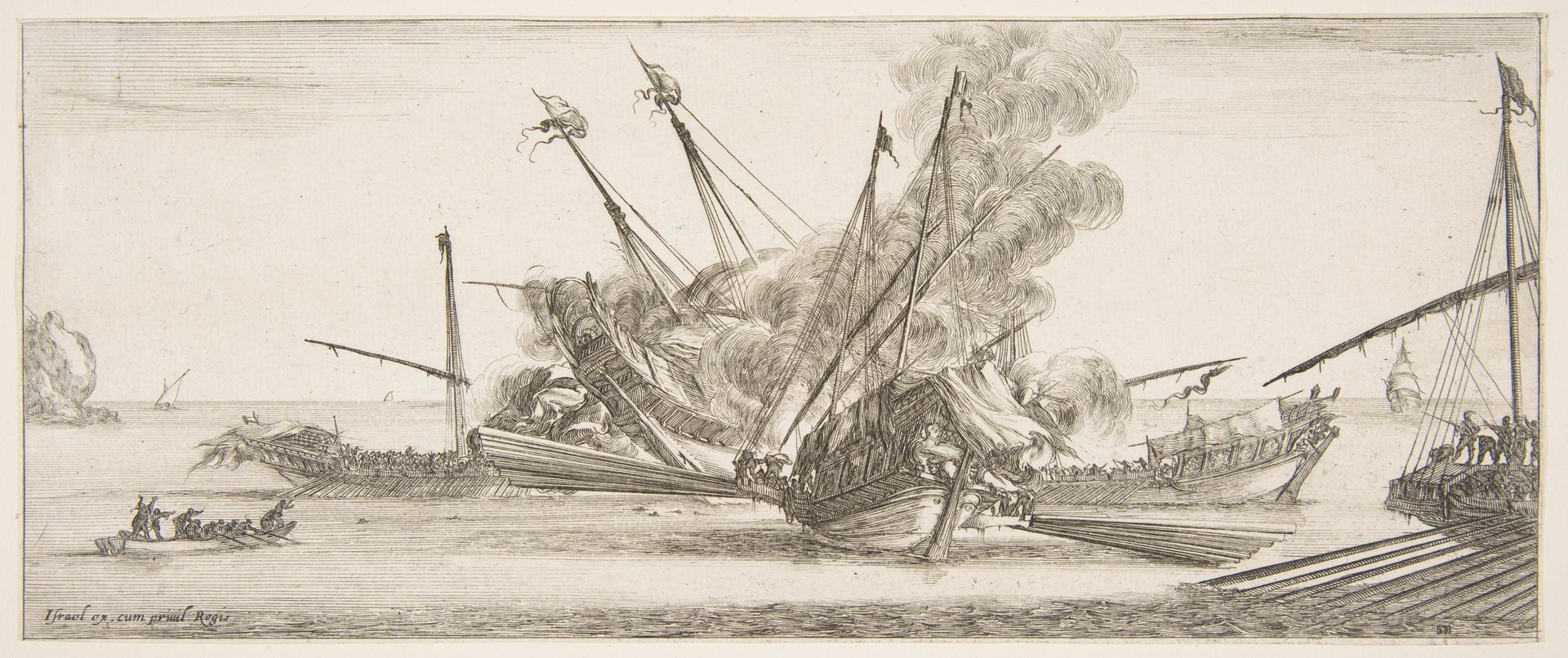 Naval combat, a ship at center, seen from behind, firing at four enemy ships, another ship entering from the right, a rowboat with nine people to left, from 'Peace and War' (Divers desseins tant pour la paix que pour la guerre) by Stefano della Bella