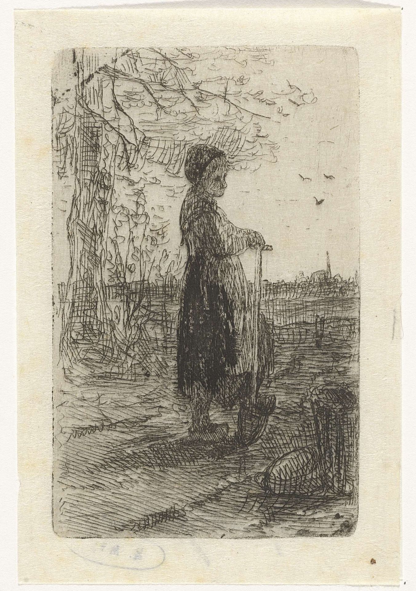 Meisje leunend op een schop by Jozef Israëls
