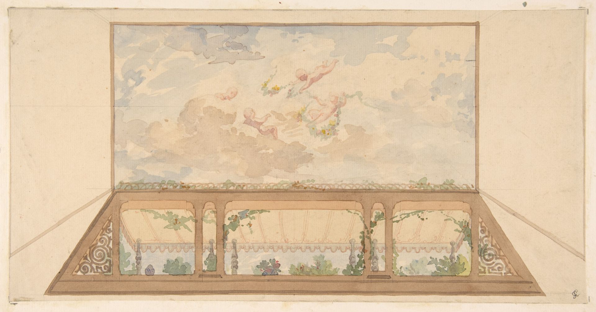 Design for a ceiling painted with a trompe l'oeil awning and putti in clouds by Jules-Edmond-Charles Lachaise