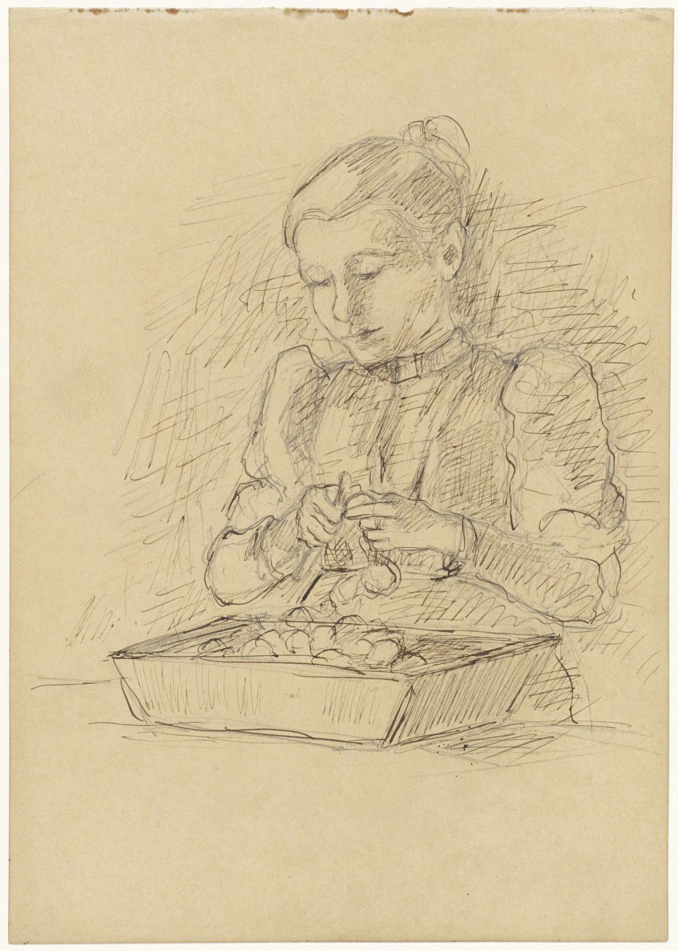 Aardappelen schillende vrouw by Jozef Israëls