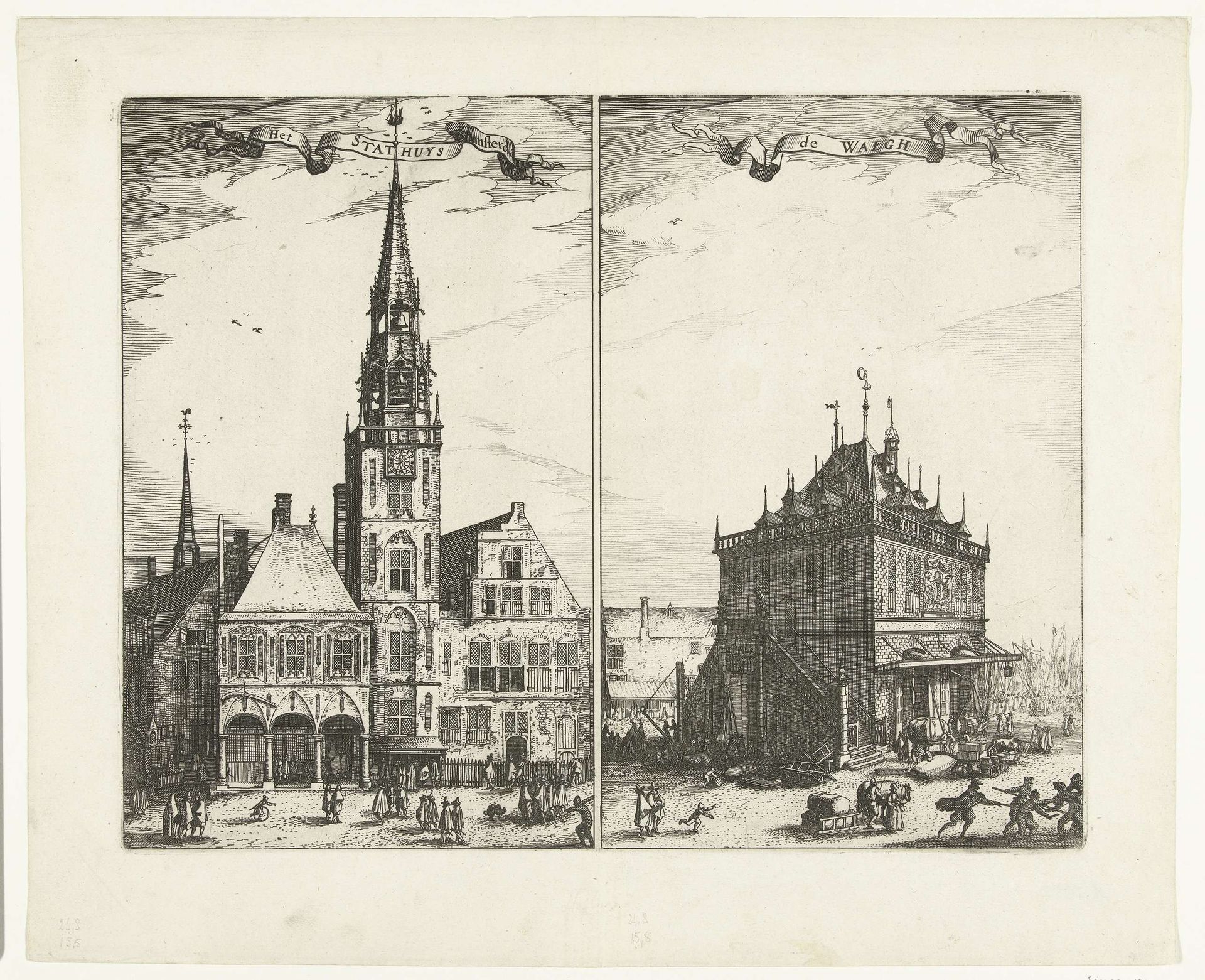 Het Oude Stadhuis en de Waag op de Dam te Amsterdam by Claes Jansz. Visscher