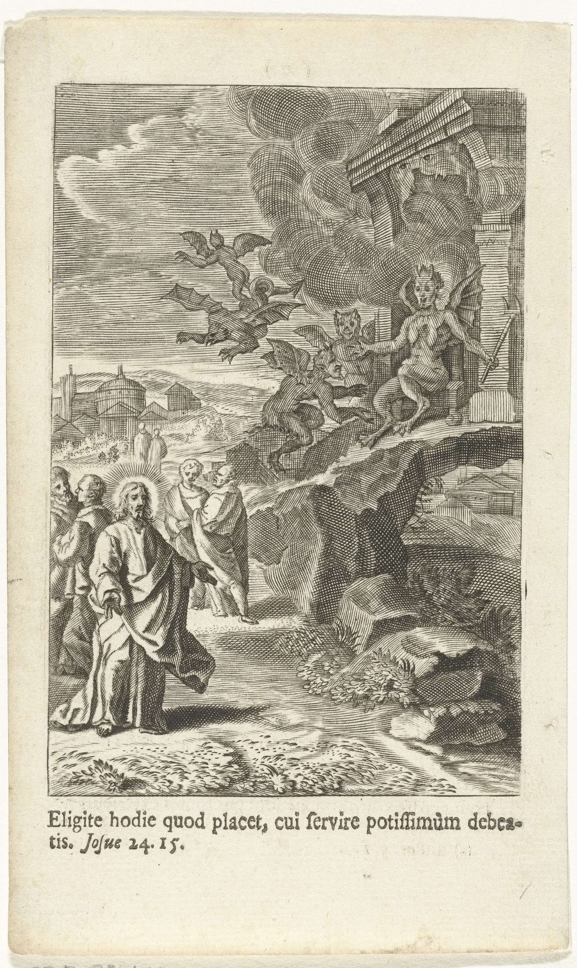 Satan troont voor de hellemond en spreekt met Christus by Jan Baptist Berterham