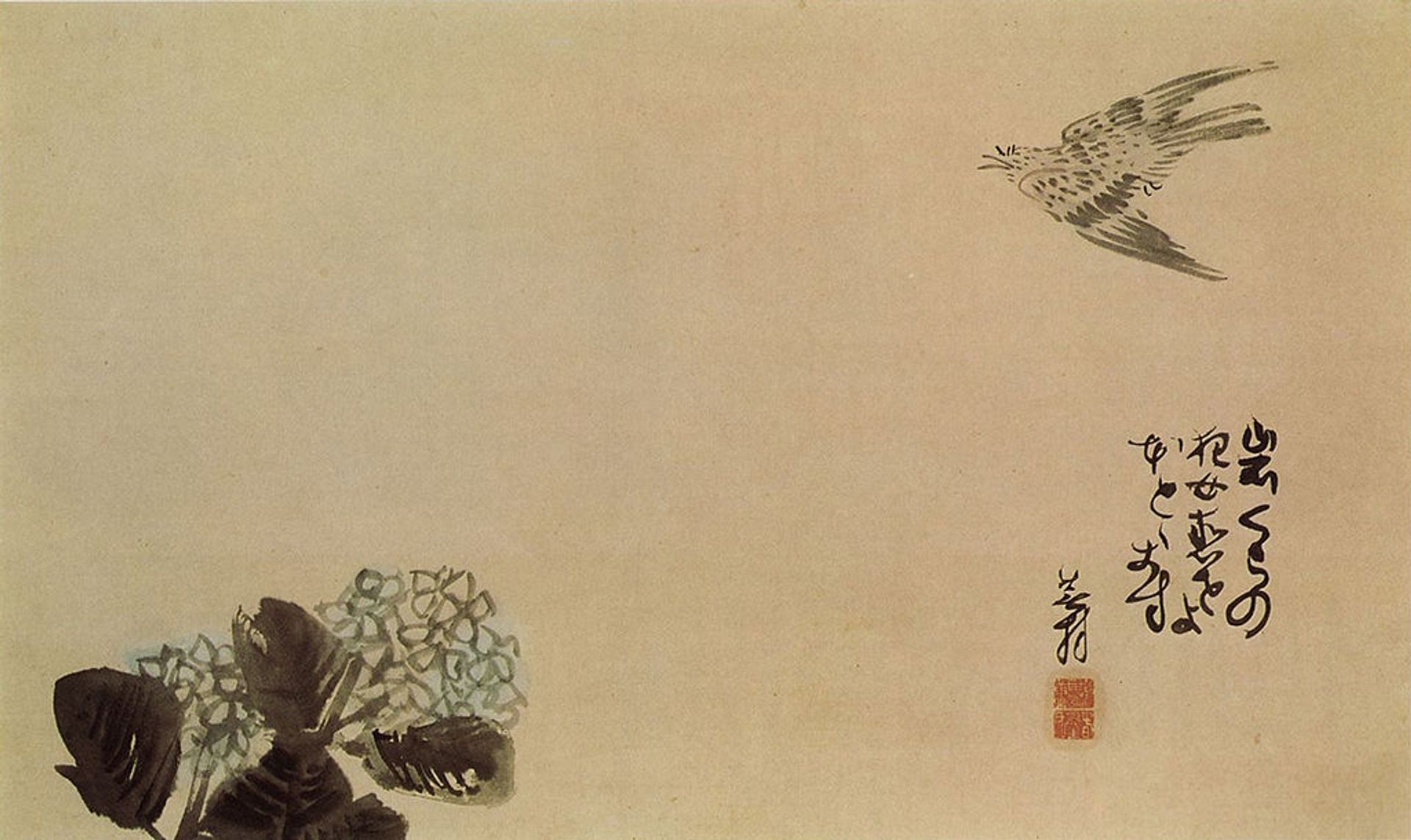 A little cuckoo across a hydrangea (Haiga) by Yosa Buson