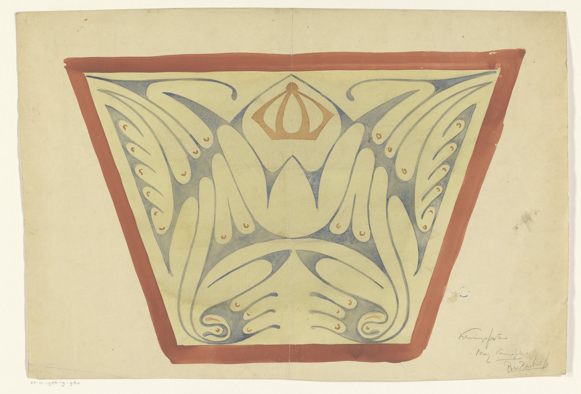 Ontwerp voor een vierhoekig ornament met hoofdletter W en kroon by Reinier Willem Petrus de (1874-1952) Vries