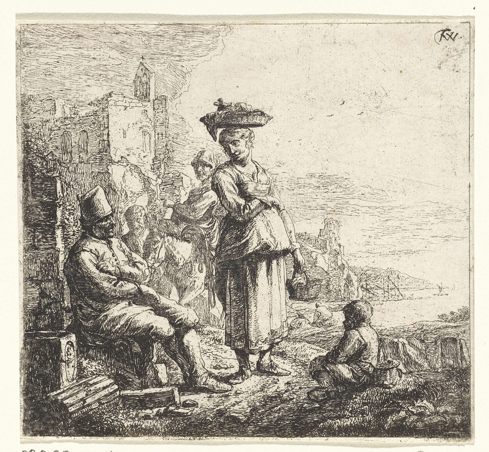 Vrouw die twee manden draagt by Thomas Wijck