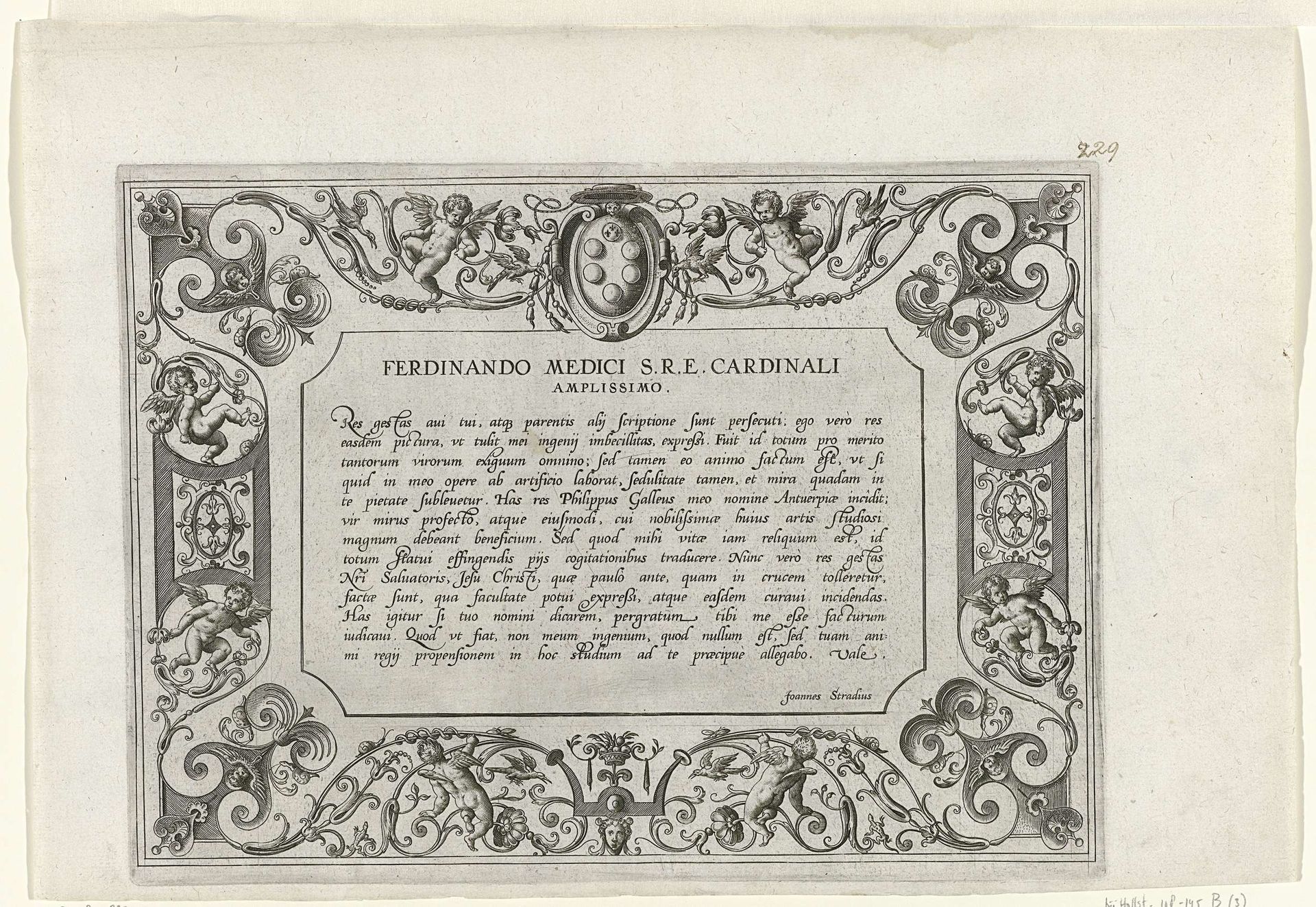 Dedicatie aan kardinaal Fernando De' Medici met ornamenten by Philips Galle