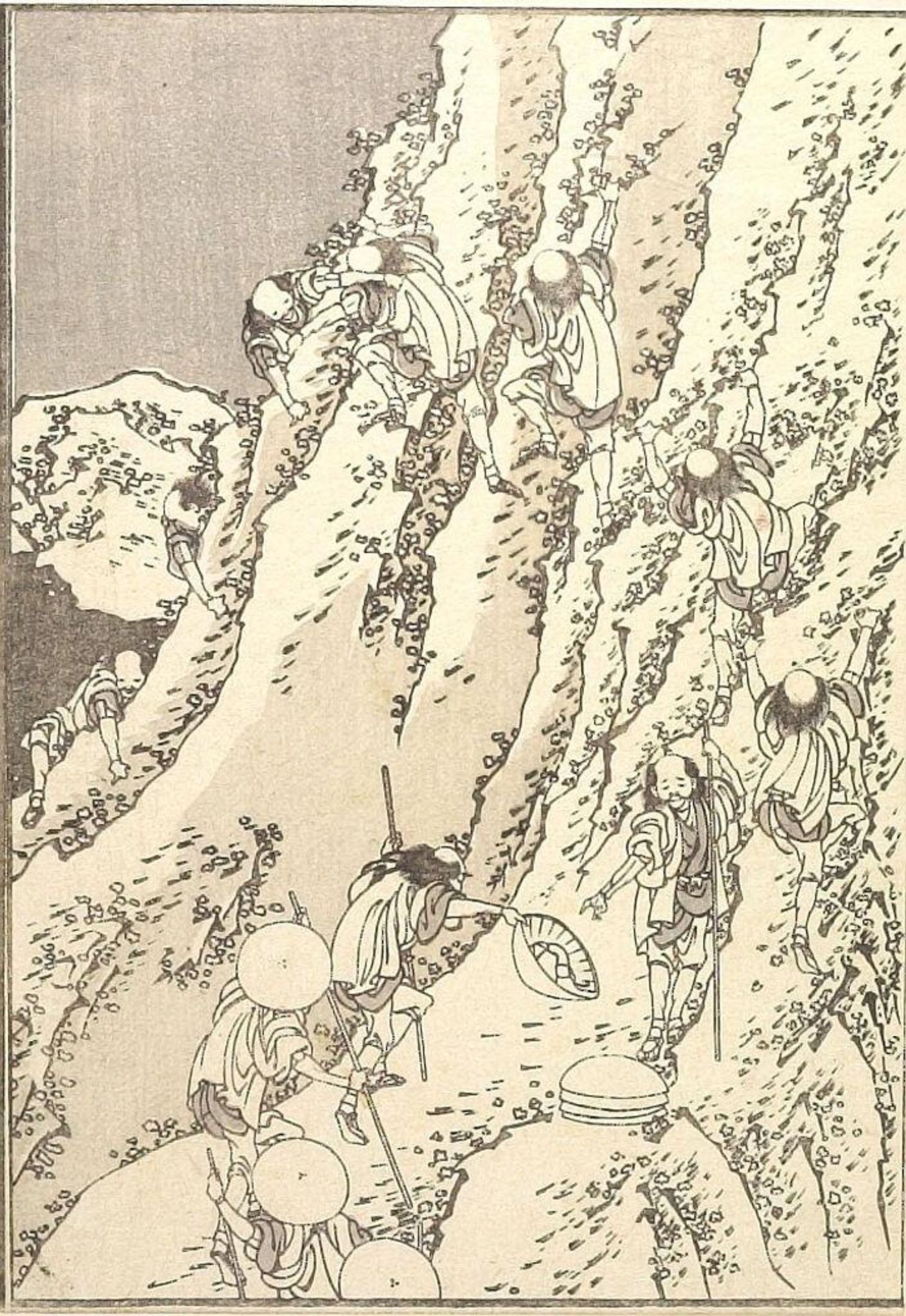 Circling the Crater of Fuji (Hakkai-meguri no Fuji): Half of detatched page from One Hundred Views of Mount Fuji (Fugaku hyakkei) Vol. 3 by Katsushika Hokusai