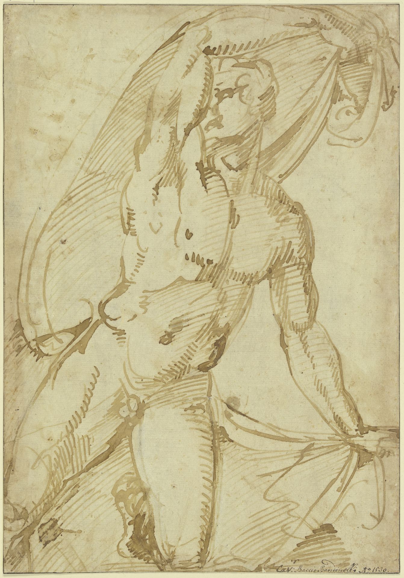 Kniender männlicher Akt, ein Gewand über dem Kopf haltend, nach rechts gewandt by Baccio Bandinelli