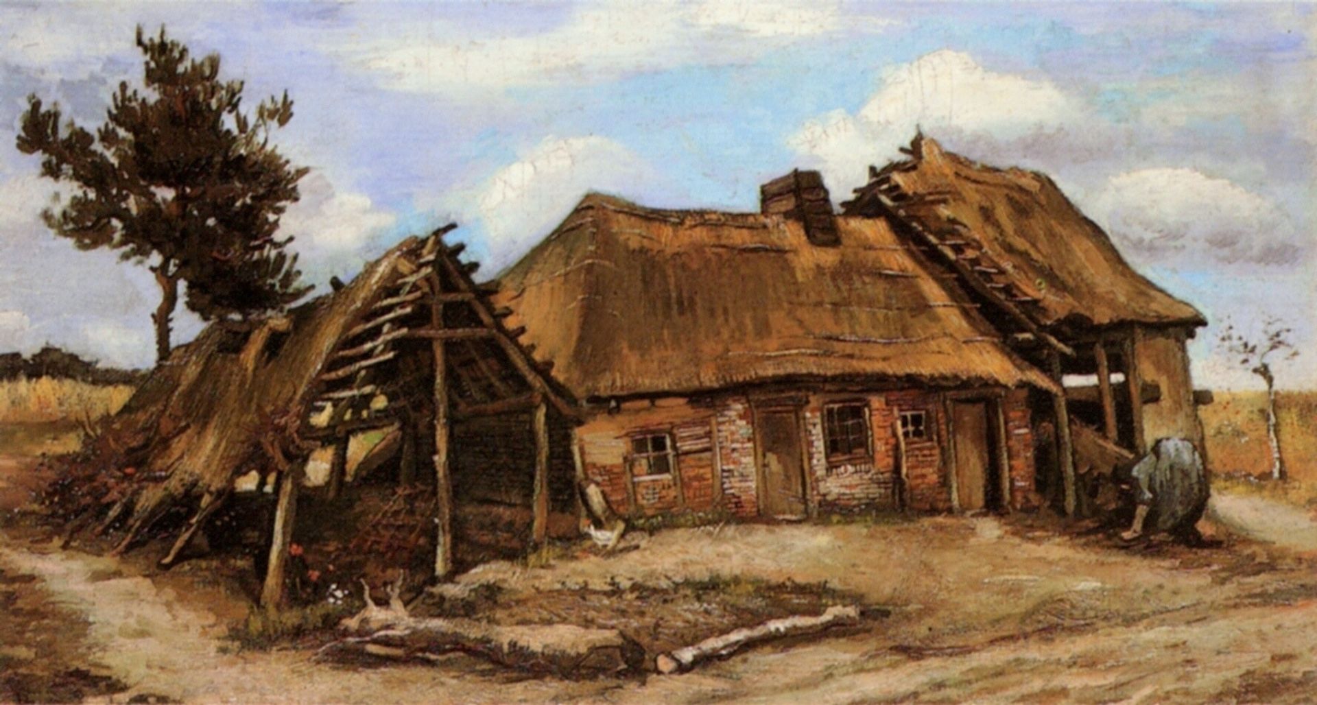 Cottage with Decrepit Barn and Stooping Woman by Vincent van Gogh