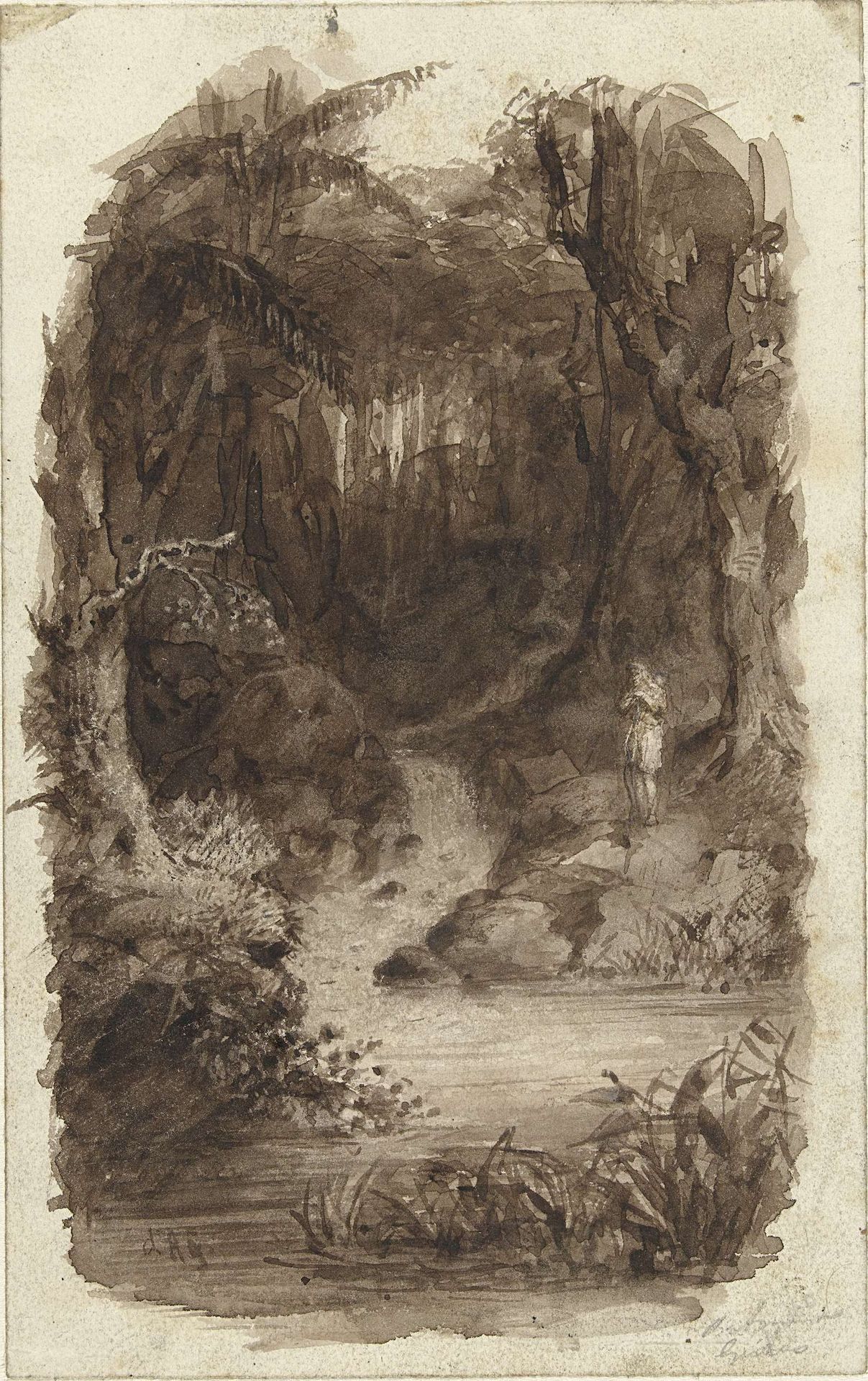 Man in tropisch bos, staande bij water by Johannes Christiaan d' Arnaud Gerkens